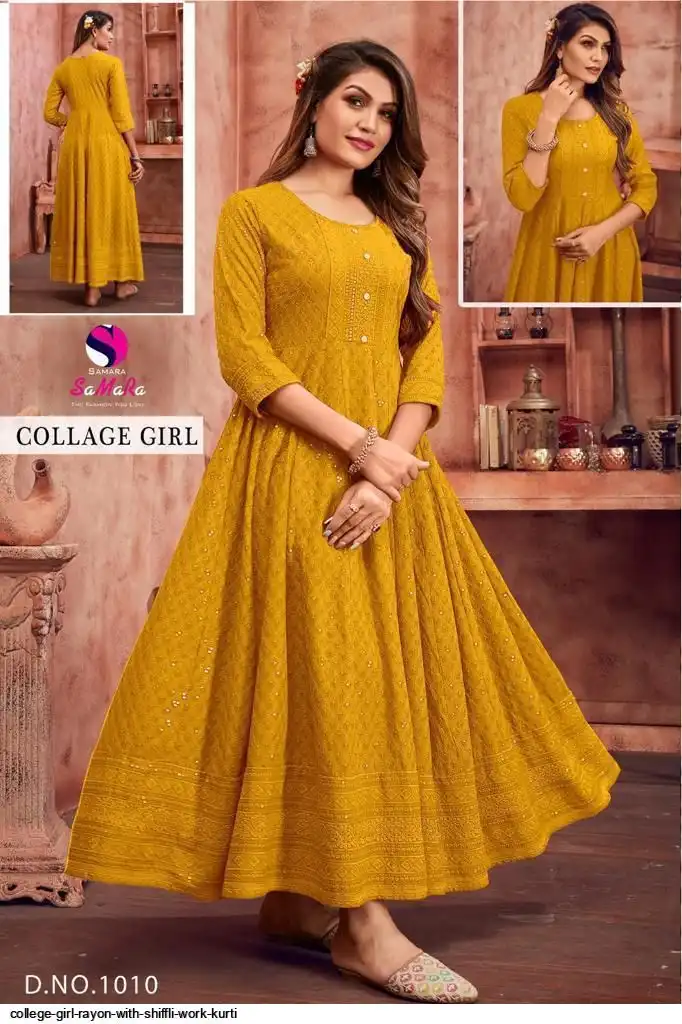 COLLEGE GIRL RAYON WITH SHIFFLI WORK KURTI 1010