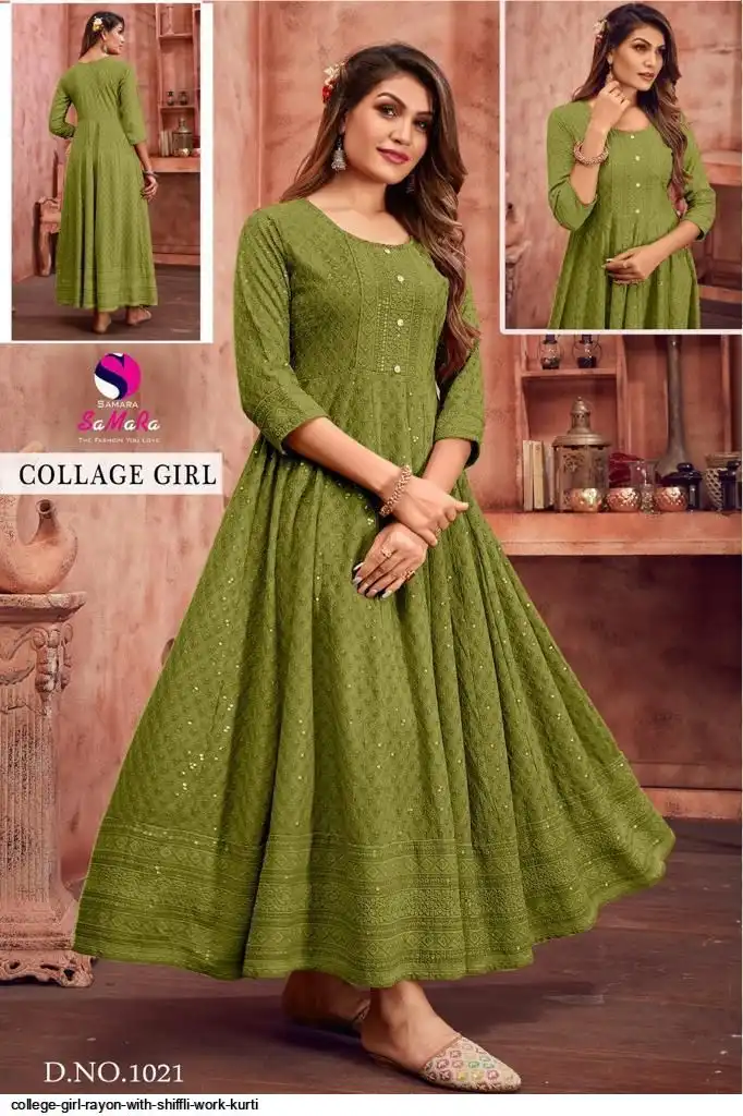 COLLEGE GIRL RAYON WITH SHIFFLI WORK KURTI 1021