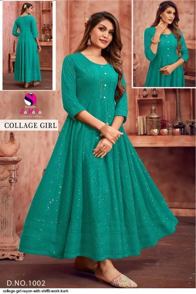 COLLEGE GIRL RAYON WITH SHIFFLI WORK KURTI 1002