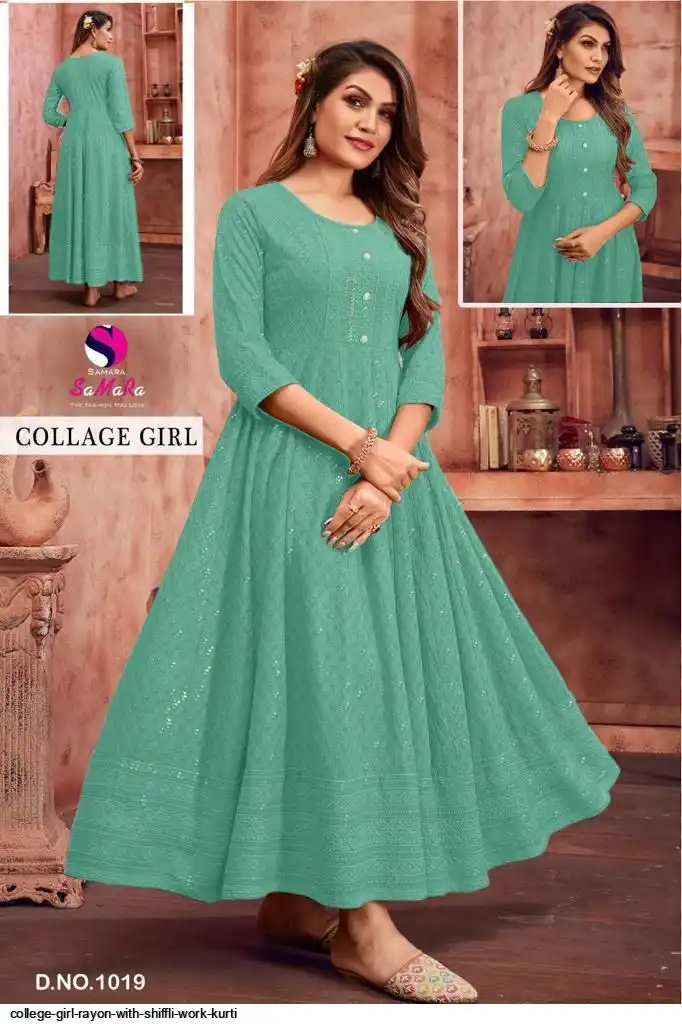 COLLEGE GIRL RAYON WITH SHIFFLI WORK KURTI 1019
