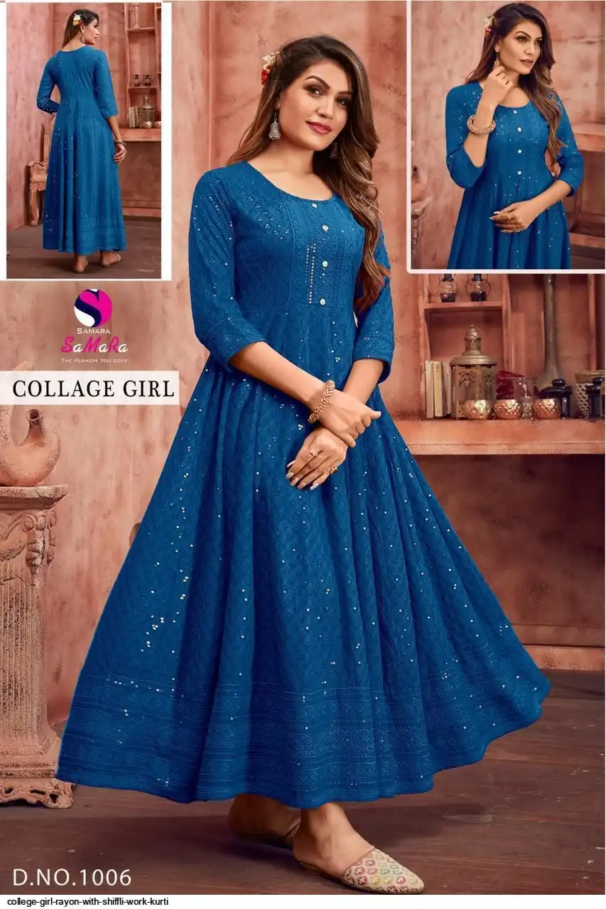 COLLEGE GIRL RAYON WITH SHIFFLI WORK KURTI 1006