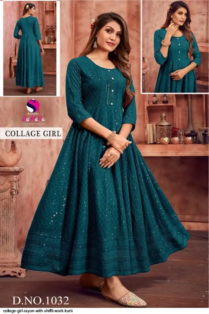 COLLEGE GIRL RAYON WITH SHIFFLI WORK KURTI 1032