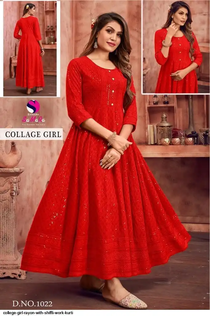 COLLEGE GIRL RAYON WITH SHIFFLI WORK KURTI 1022
