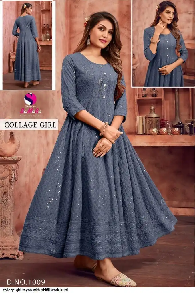 COLLEGE GIRL RAYON WITH SHIFFLI WORK KURTI 1009