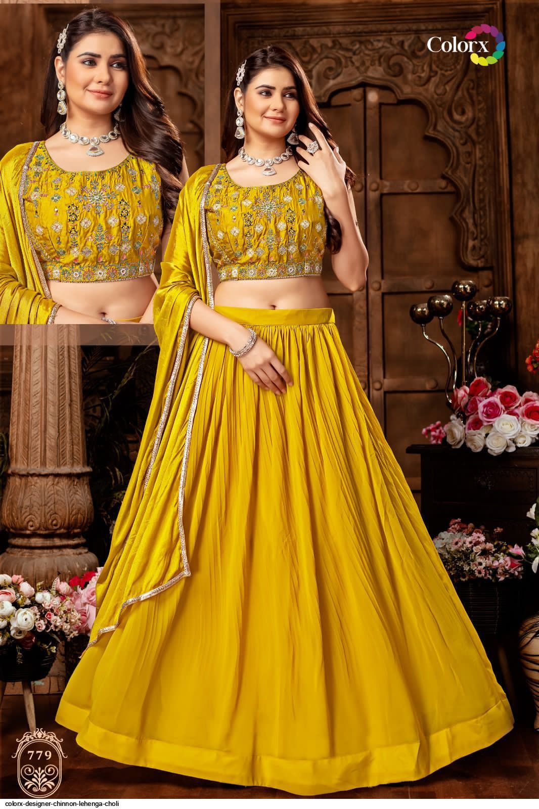 sisterscloset_1 - Simple but elegant lemon yellow plain lehenga paired with  sky blue blouse and simple maggam worked yellow neted duppatta. . For order  DM us or contact us on 8639771029 .