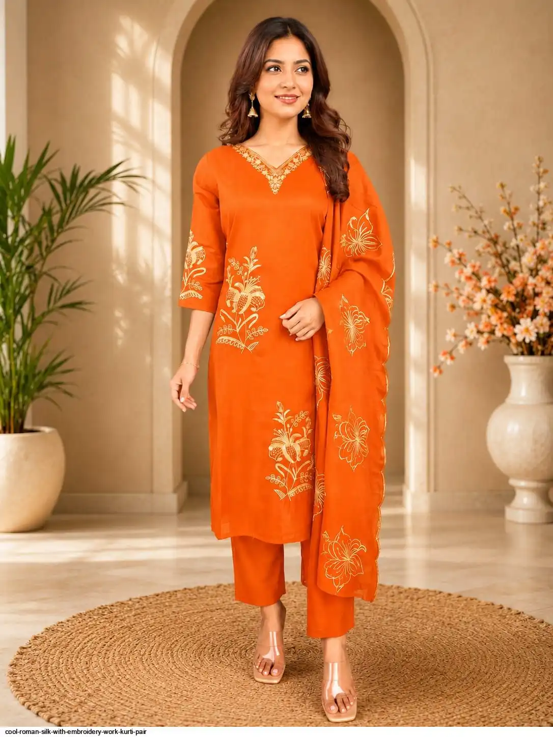 COOL ROMAN SILK WITH EMBROIDERY WORK KURTI PAIR C