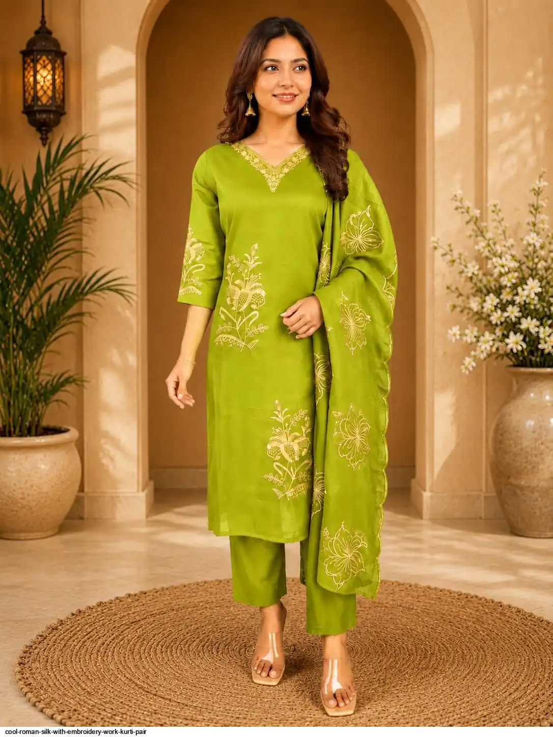 COOL ROMAN SILK WITH EMBROIDERY WORK KURTI PAIR B