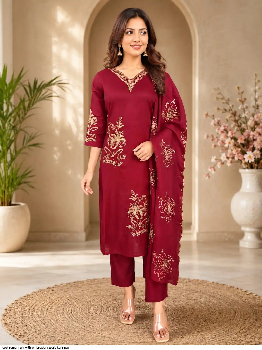 COOL ROMAN SILK WITH EMBROIDERY WORK KURTI PAIR D