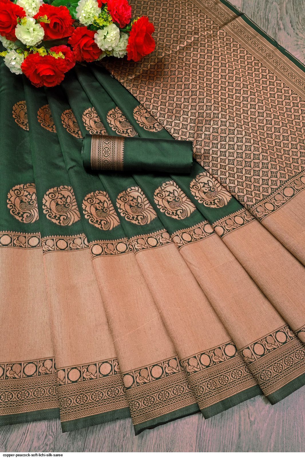 COPPER PEACOCK SOFT LICHI SILK SAREE