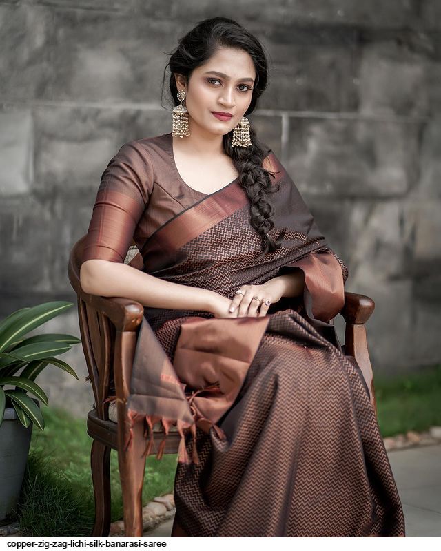 COPPER ZIG ZAG LICHI SILK BANARASI SAREE
