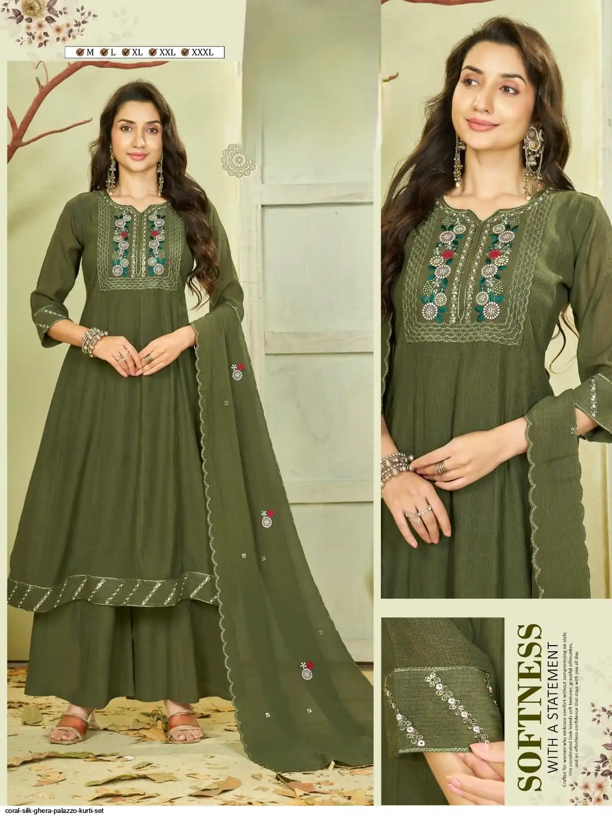 CORAL SILK GHERA PALAZZO KURTI SET D