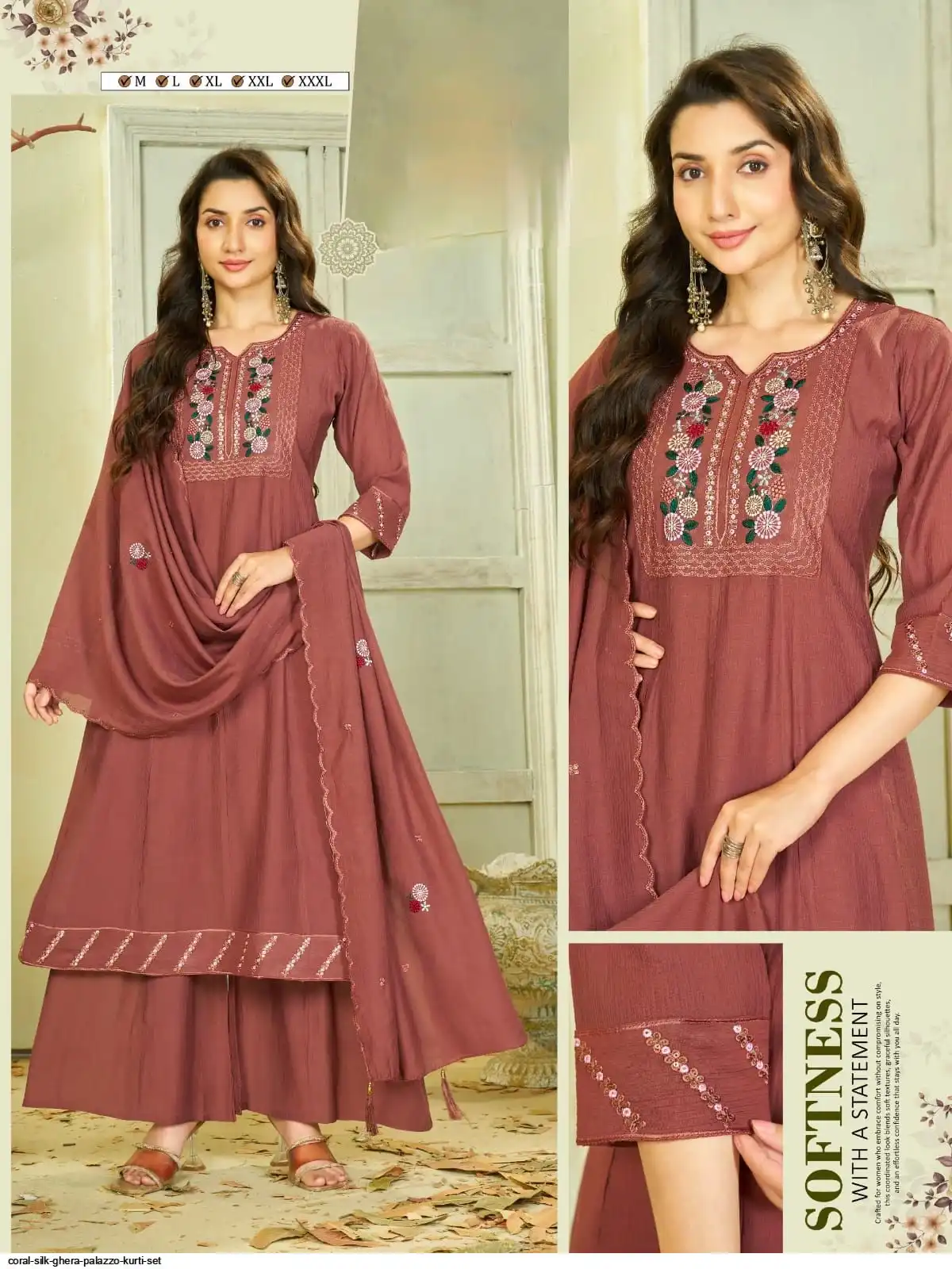 CORAL SILK GHERA PALAZZO KURTI SET C