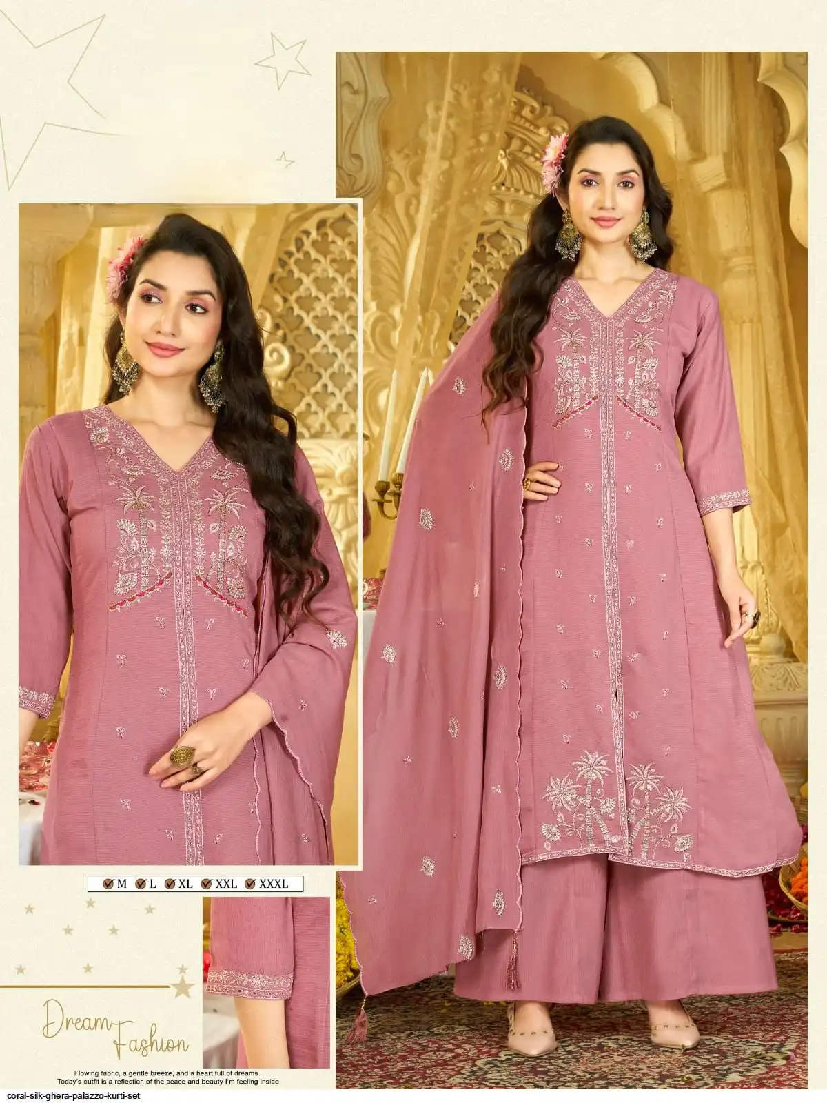 CORAL SILK GHERA PALAZZO KURTI SET E