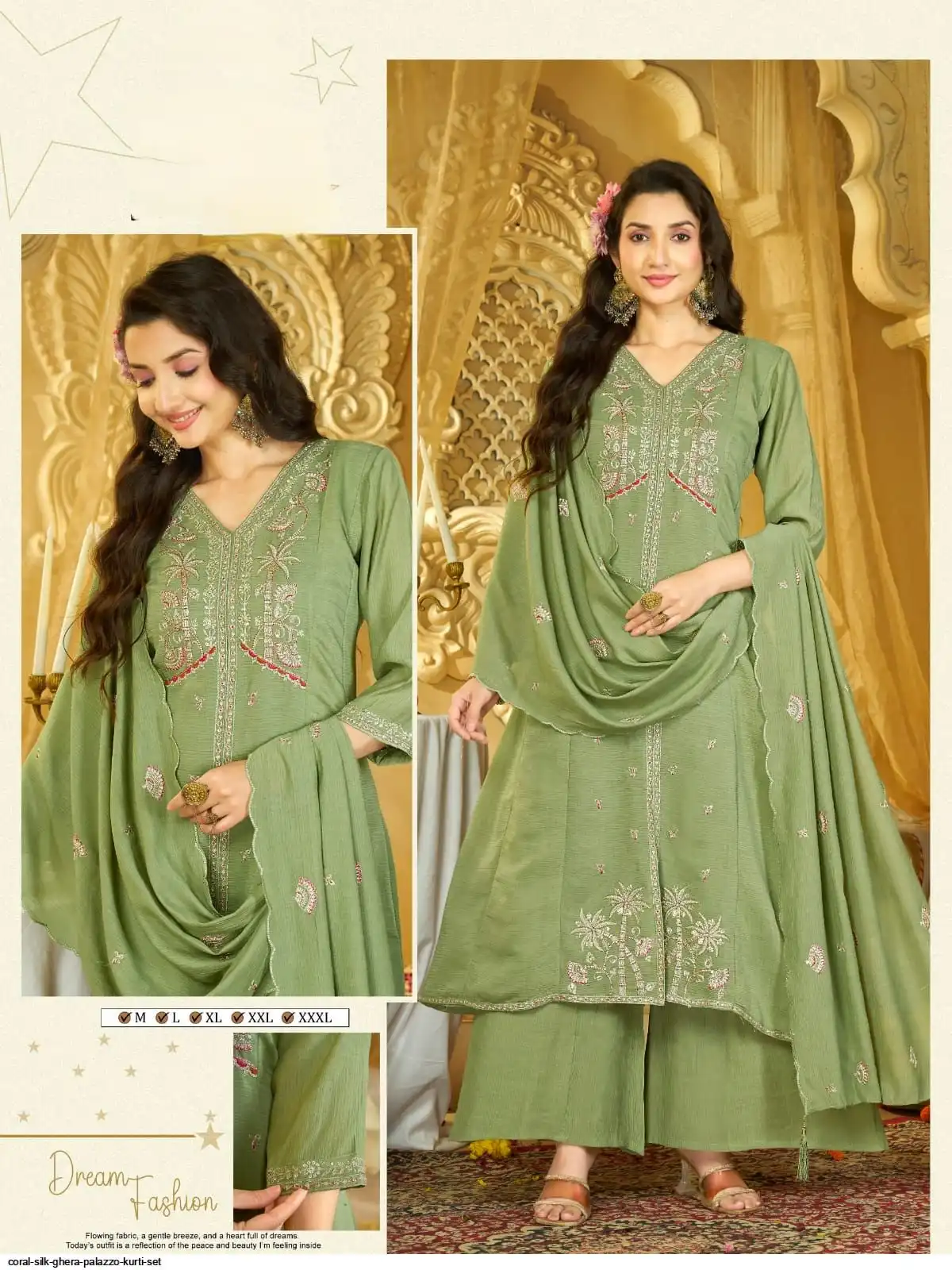 CORAL SILK GHERA PALAZZO KURTI SET F
