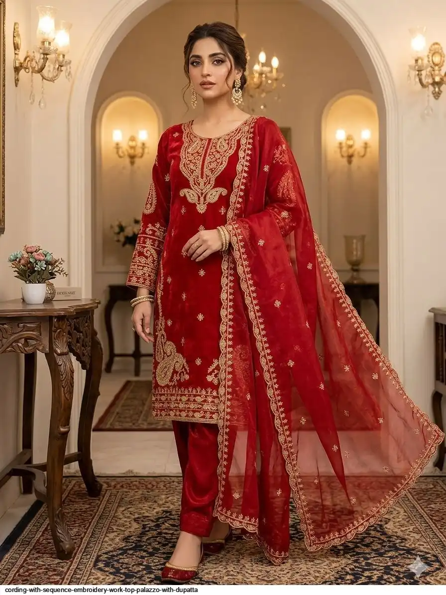 CORDING WITH SEQUENCE EMBROIDERY WORK TOP PALAZZO WITH DUPATTA A
