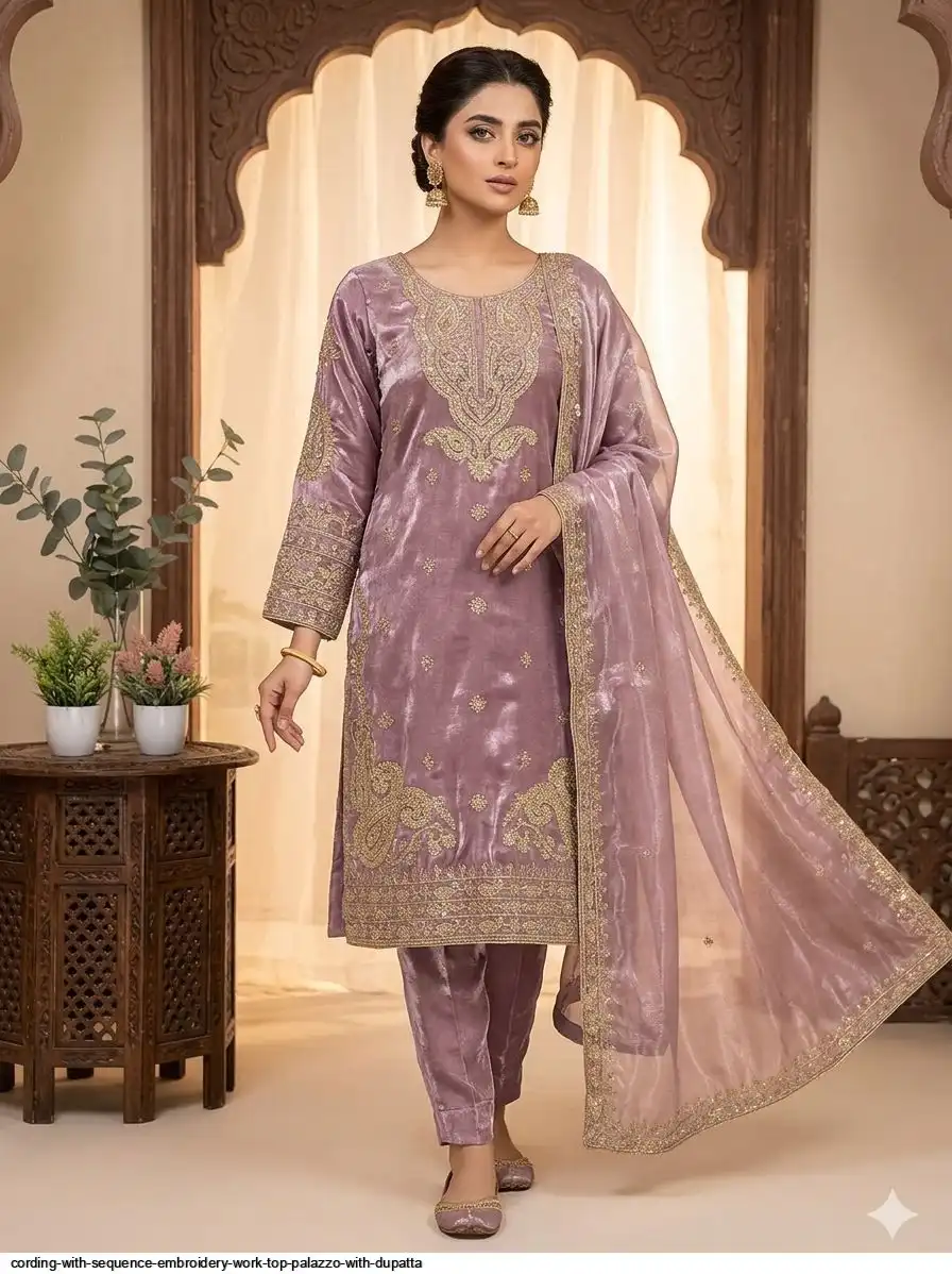 CORDING WITH SEQUENCE EMBROIDERY WORK TOP PALAZZO WITH DUPATTA C