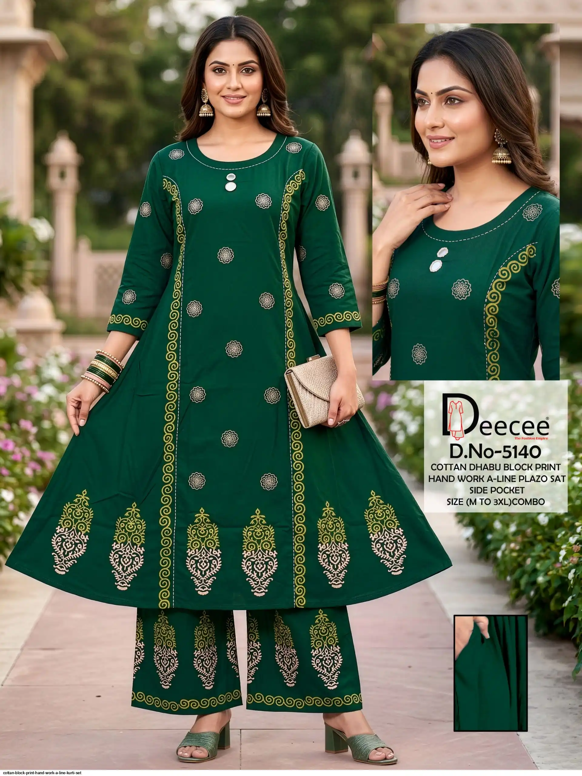 COTTON BLOCK PRINT HAND WORK A LINE KURTI SET B