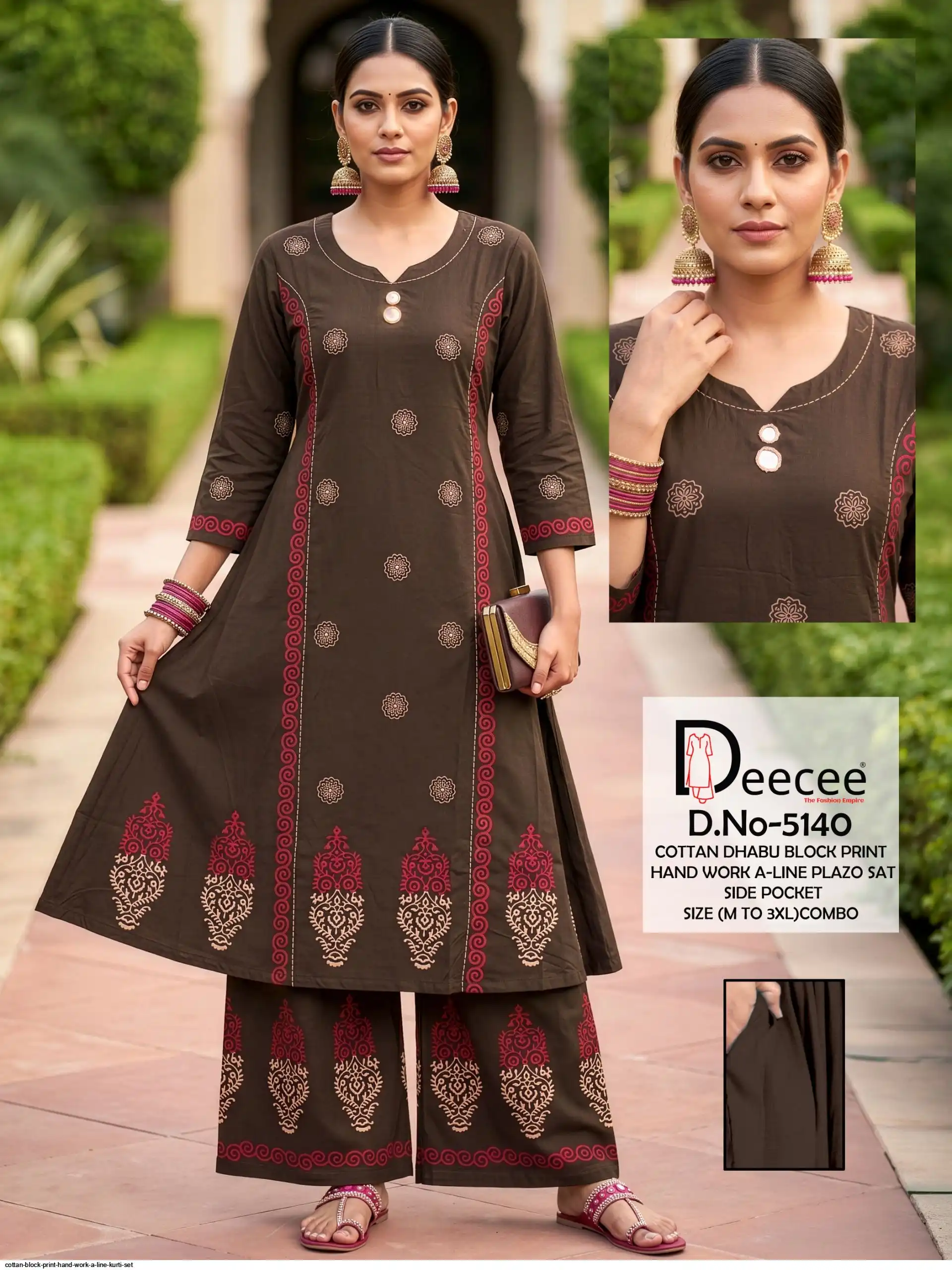COTTON BLOCK PRINT HAND WORK A LINE KURTI SET C