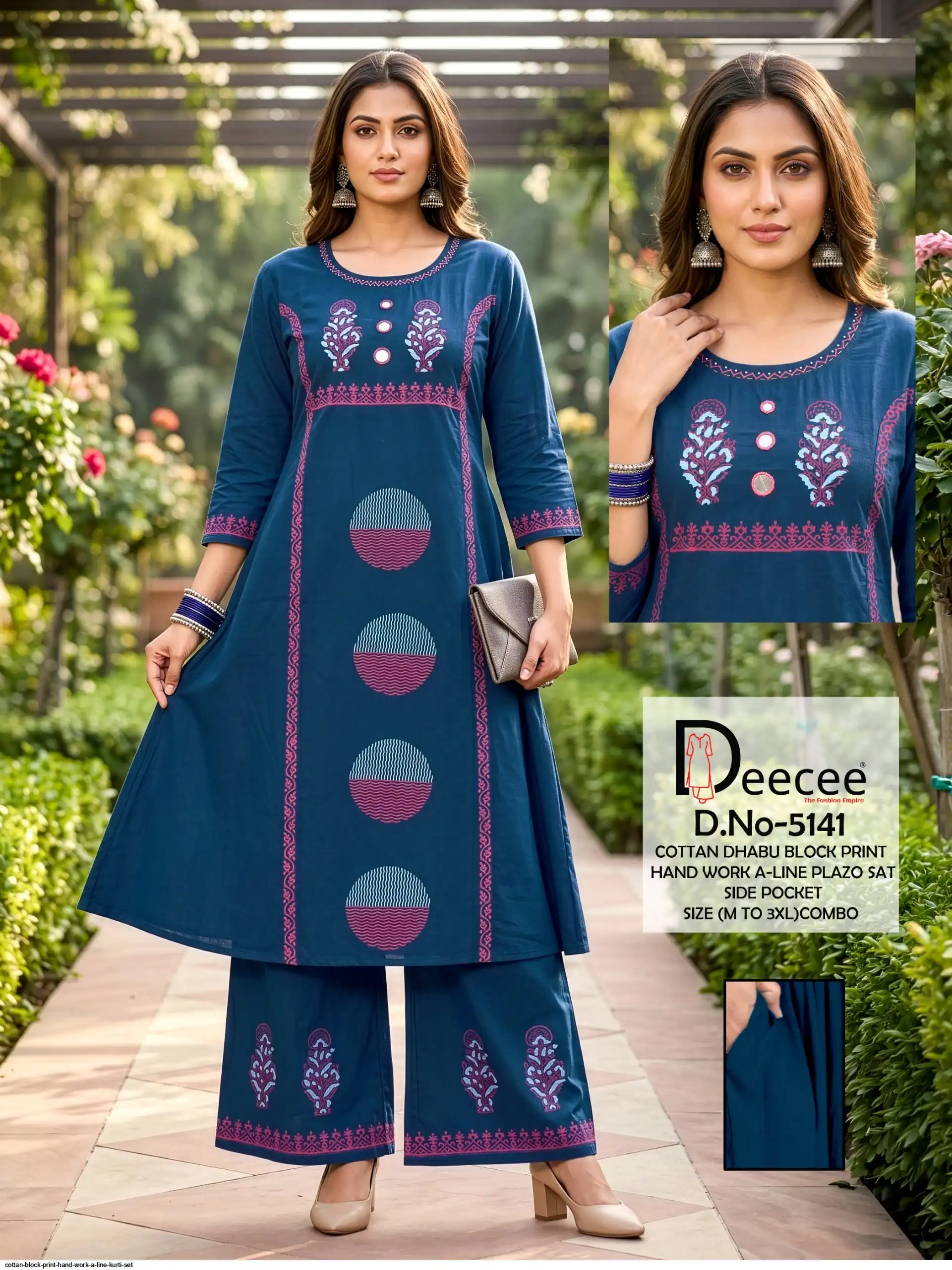 COTTON BLOCK PRINT HAND WORK A LINE KURTI SET E