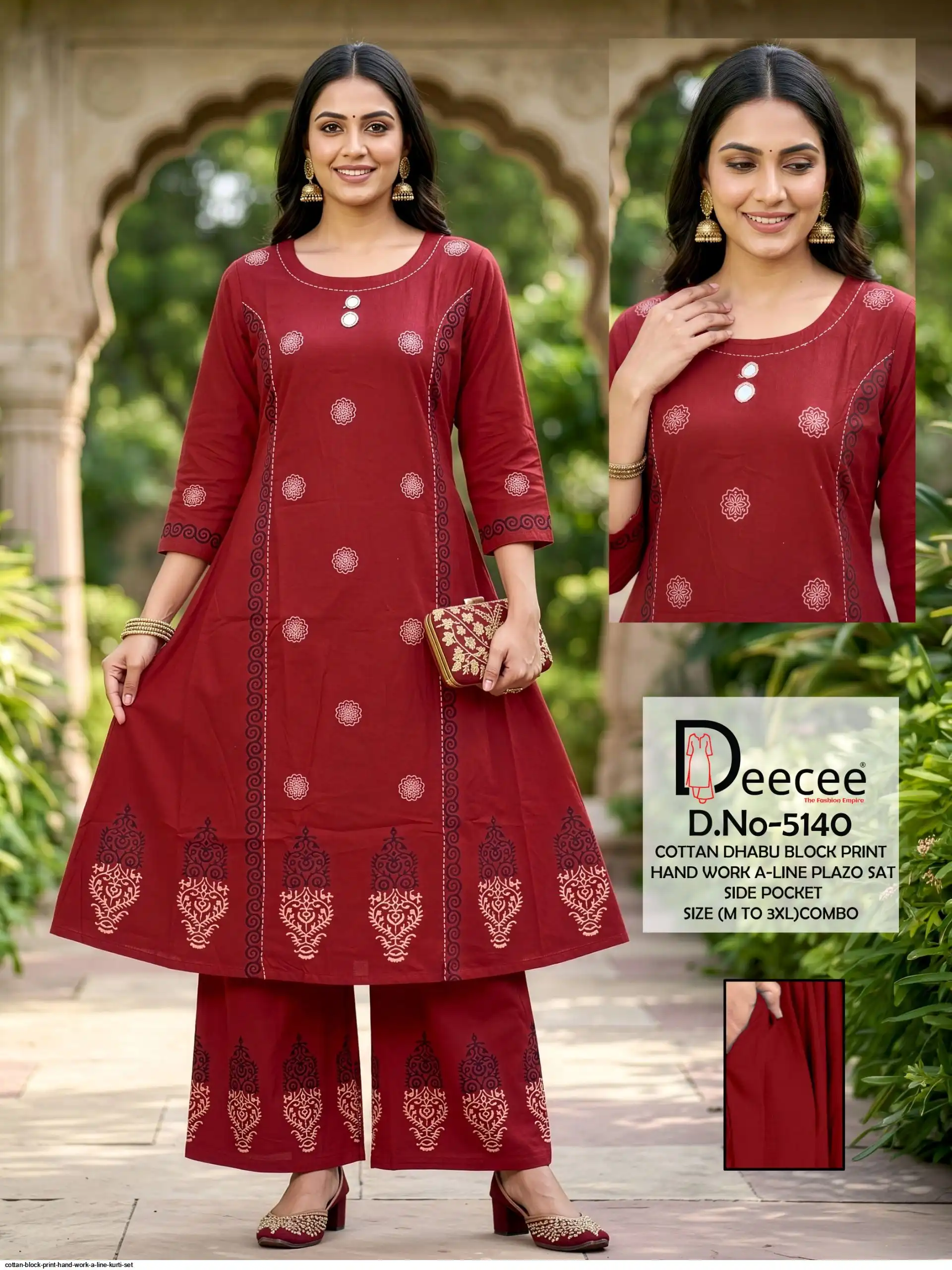 COTTON BLOCK PRINT HAND WORK A LINE KURTI SET D