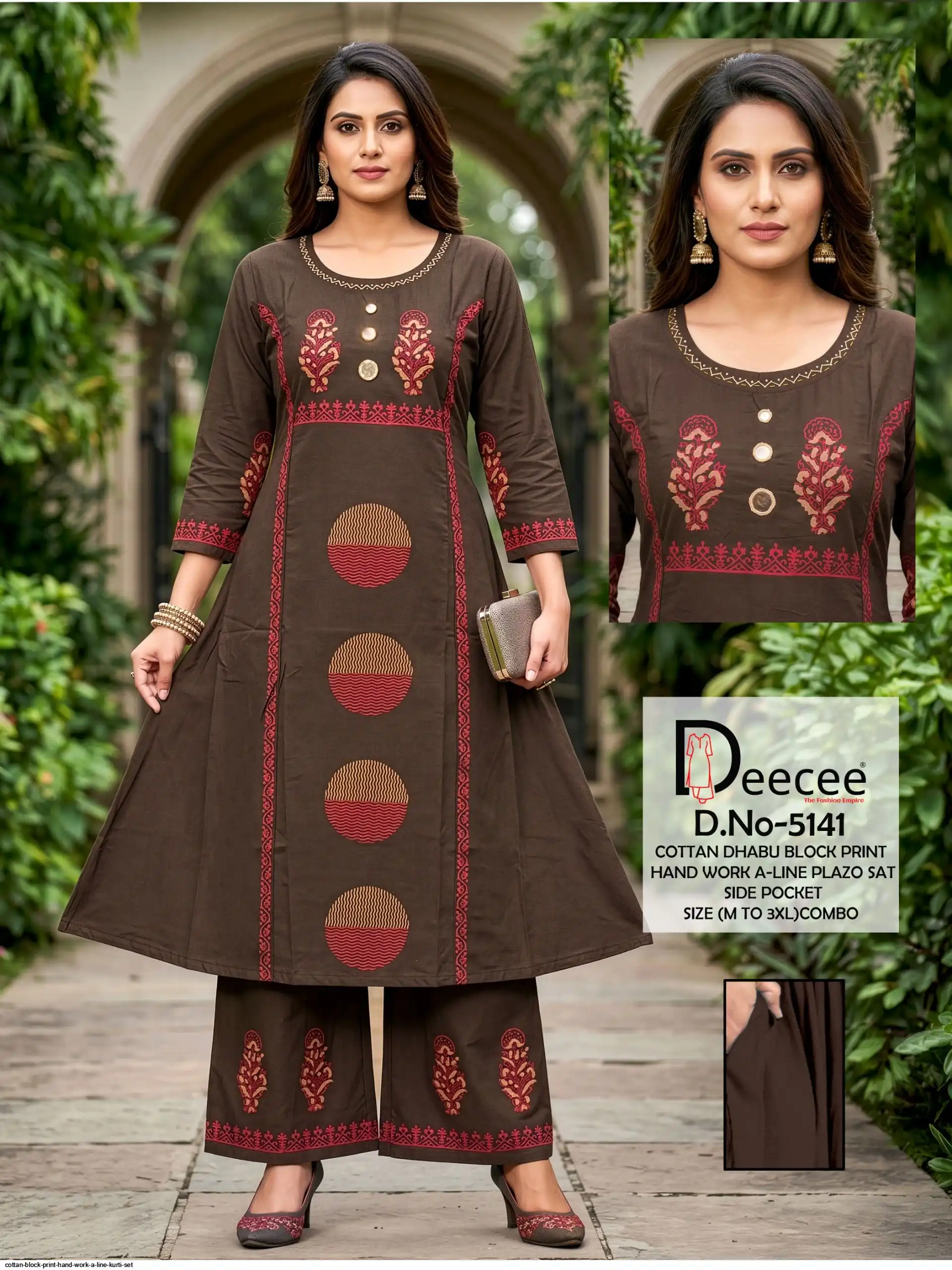 COTTON BLOCK PRINT HAND WORK A LINE KURTI SET F
