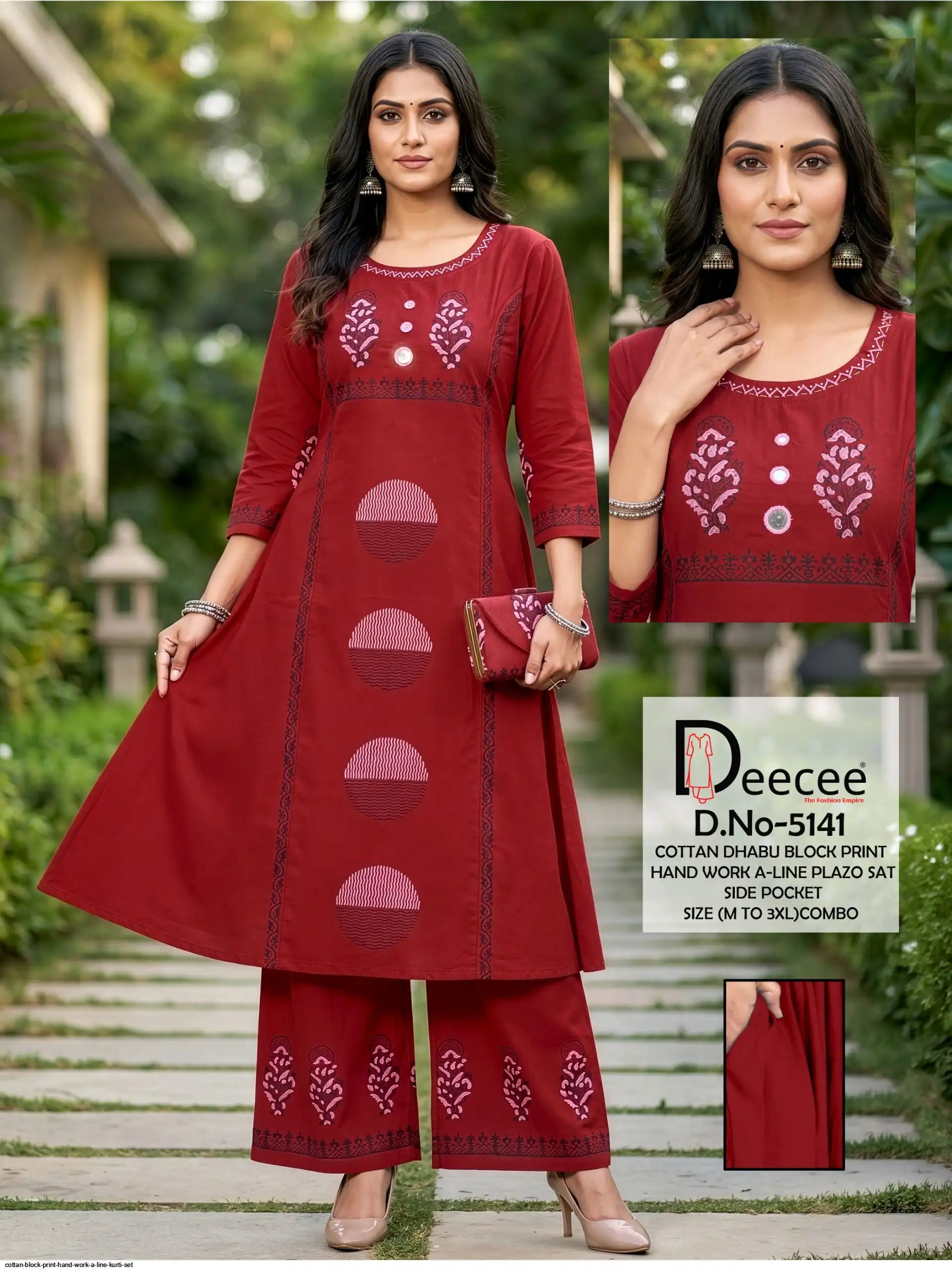 COTTON BLOCK PRINT HAND WORK A LINE KURTI SET G