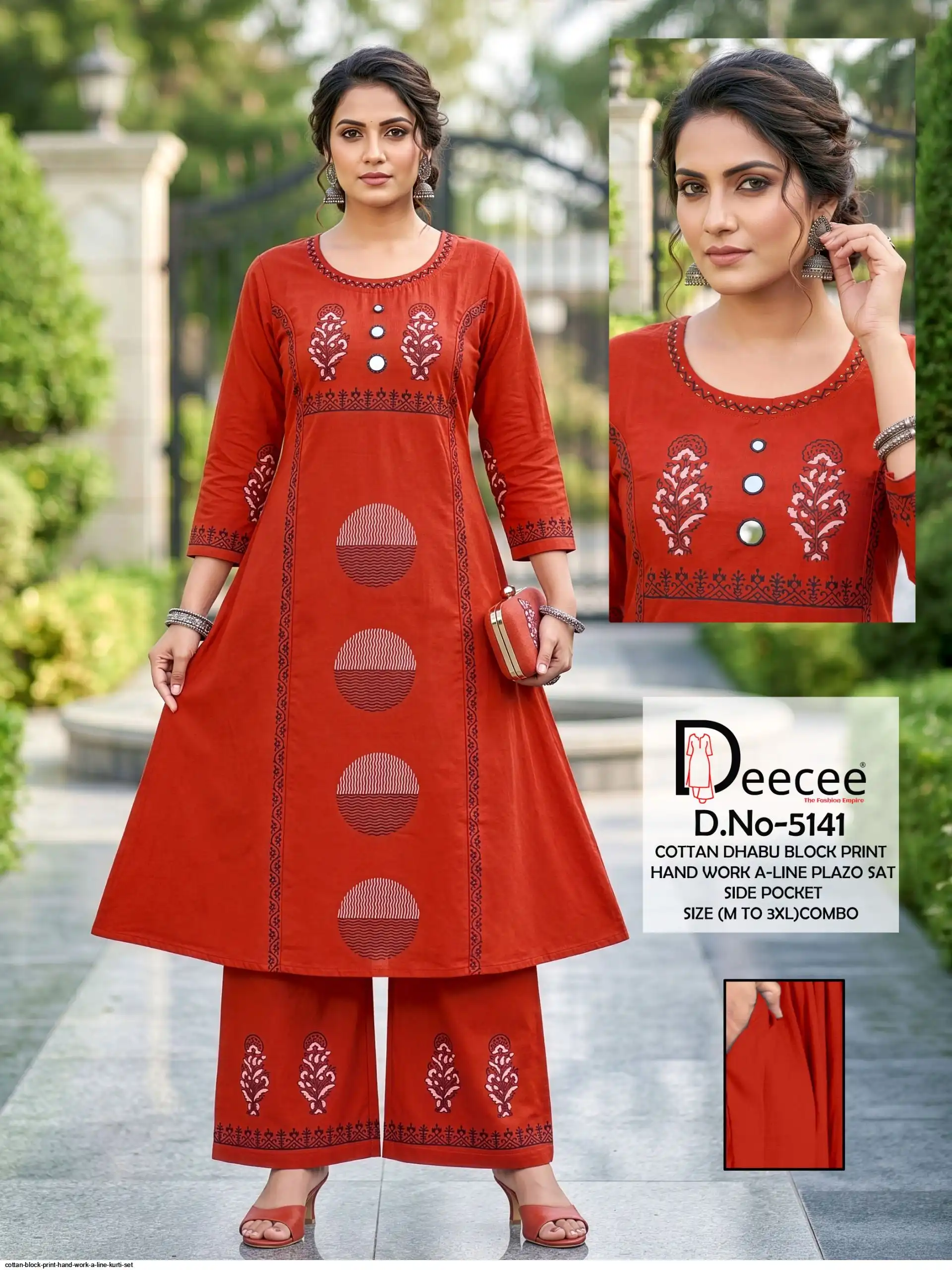 COTTON BLOCK PRINT HAND WORK A LINE KURTI SET I