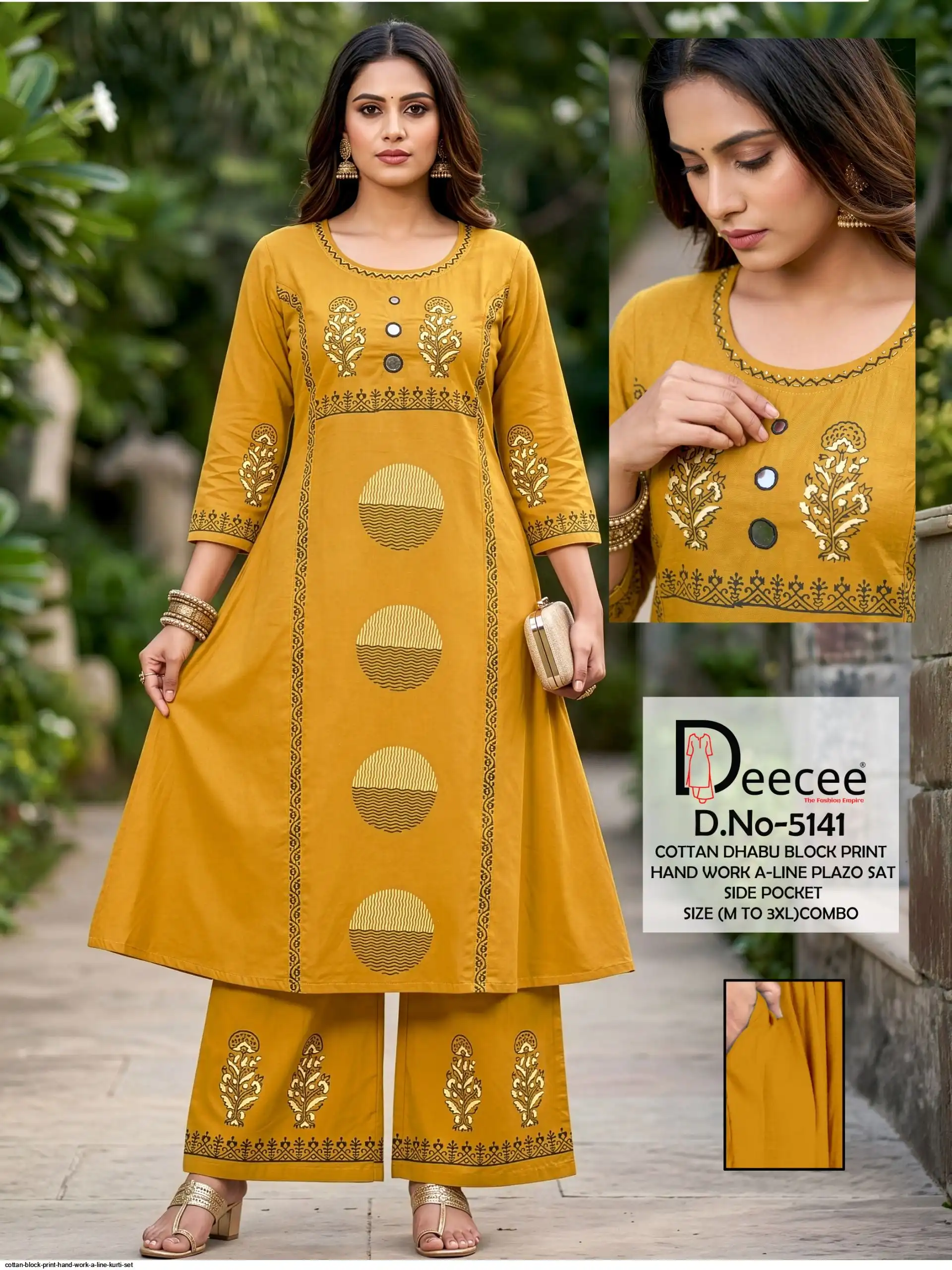 COTTON BLOCK PRINT HAND WORK A LINE KURTI SET H