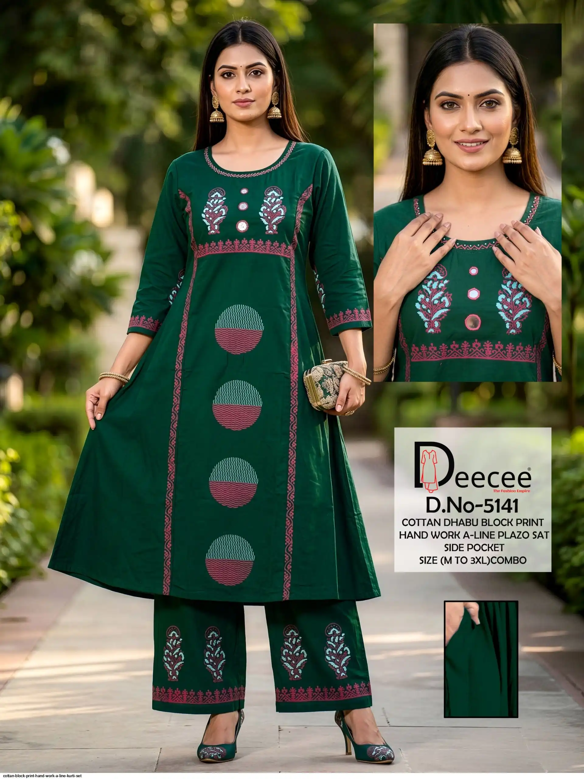 COTTON BLOCK PRINT HAND WORK A LINE KURTI SET J