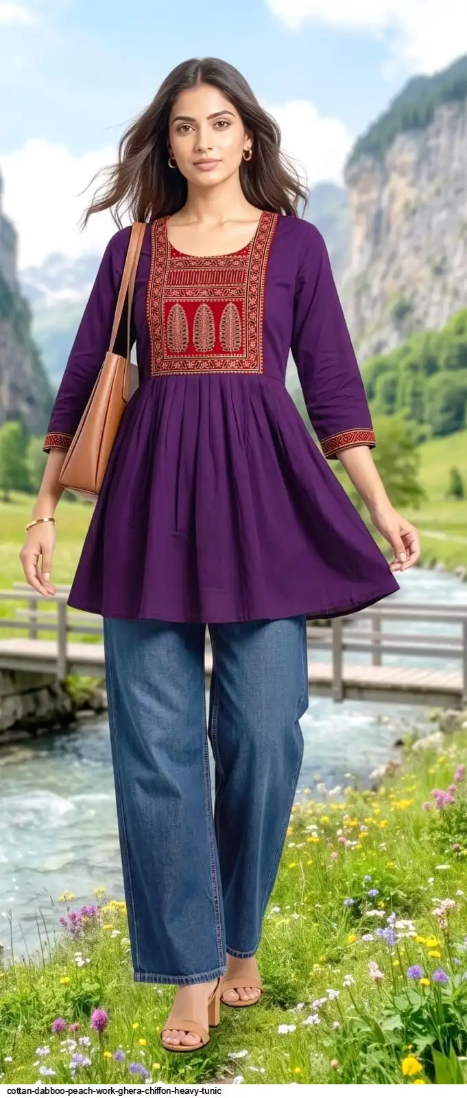 COTTAN DABBOO PEACH WORK GHERA CHIFFON HEAVY TUNIC A