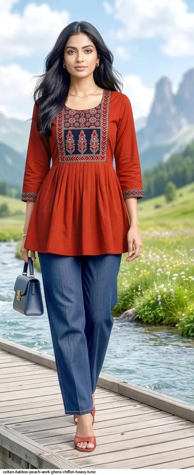 COTTAN DABBOO PEACH WORK GHERA CHIFFON HEAVY TUNIC B