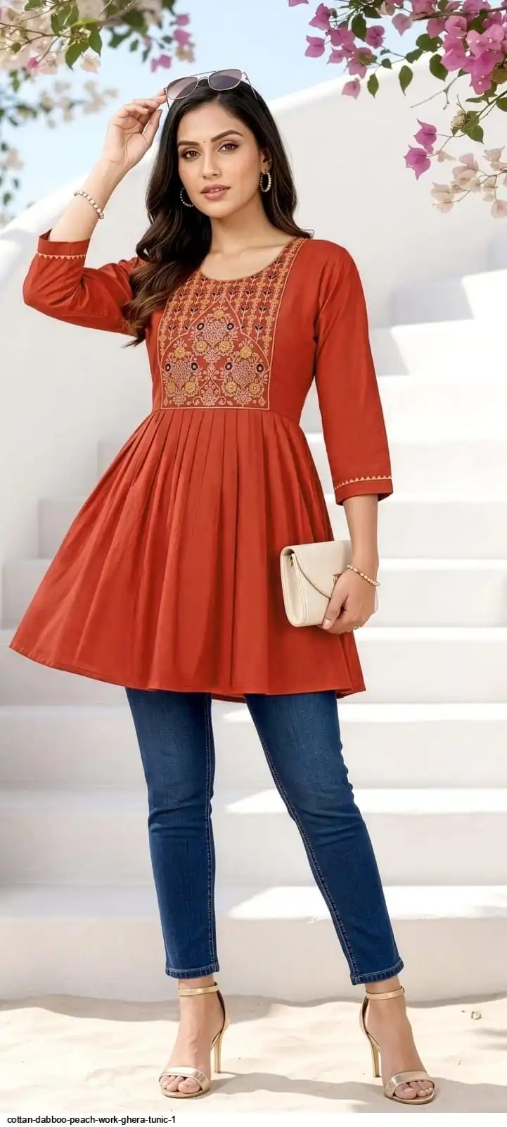COTTAN DABBOO PEACH WORK GHERA TUNIC 1 F