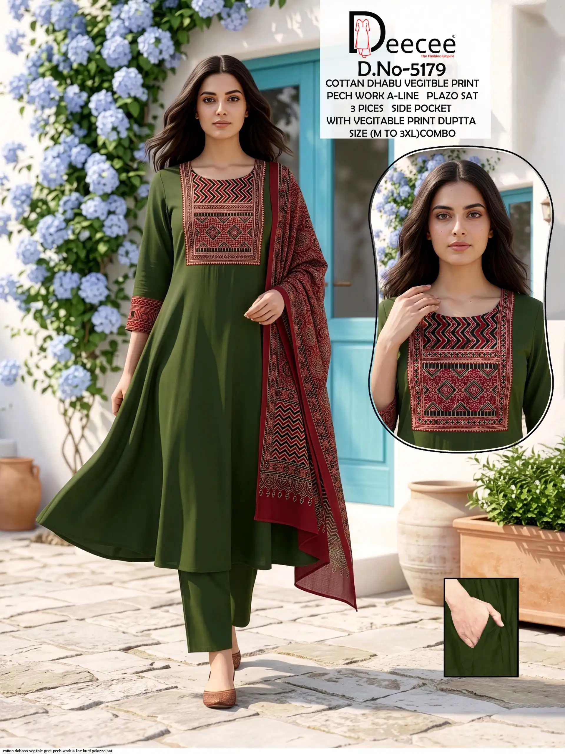 DEE CEE COTTON DABBOO VEGITBLE PRINT PECH WORK A LINE KURTI PALAZZO SAT 5179 B