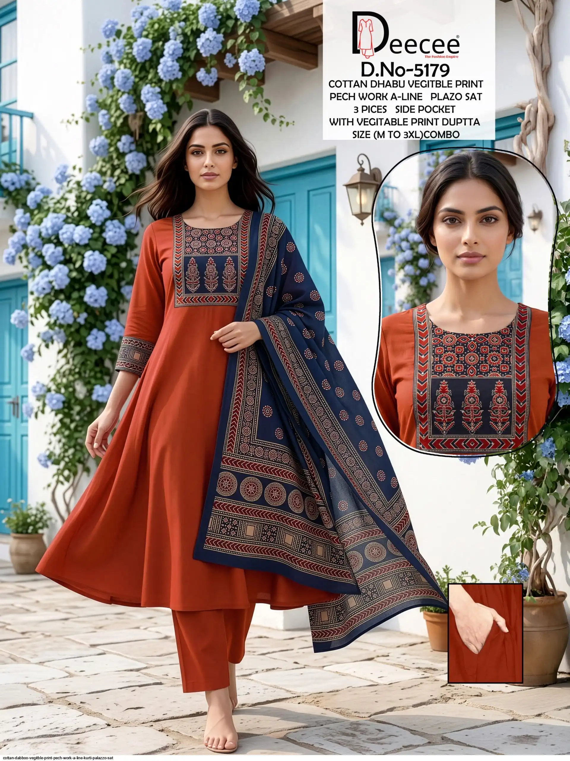 DEE CEE COTTON DABBOO VEGITBLE PRINT PECH WORK A LINE KURTI PALAZZO SAT 5179 A