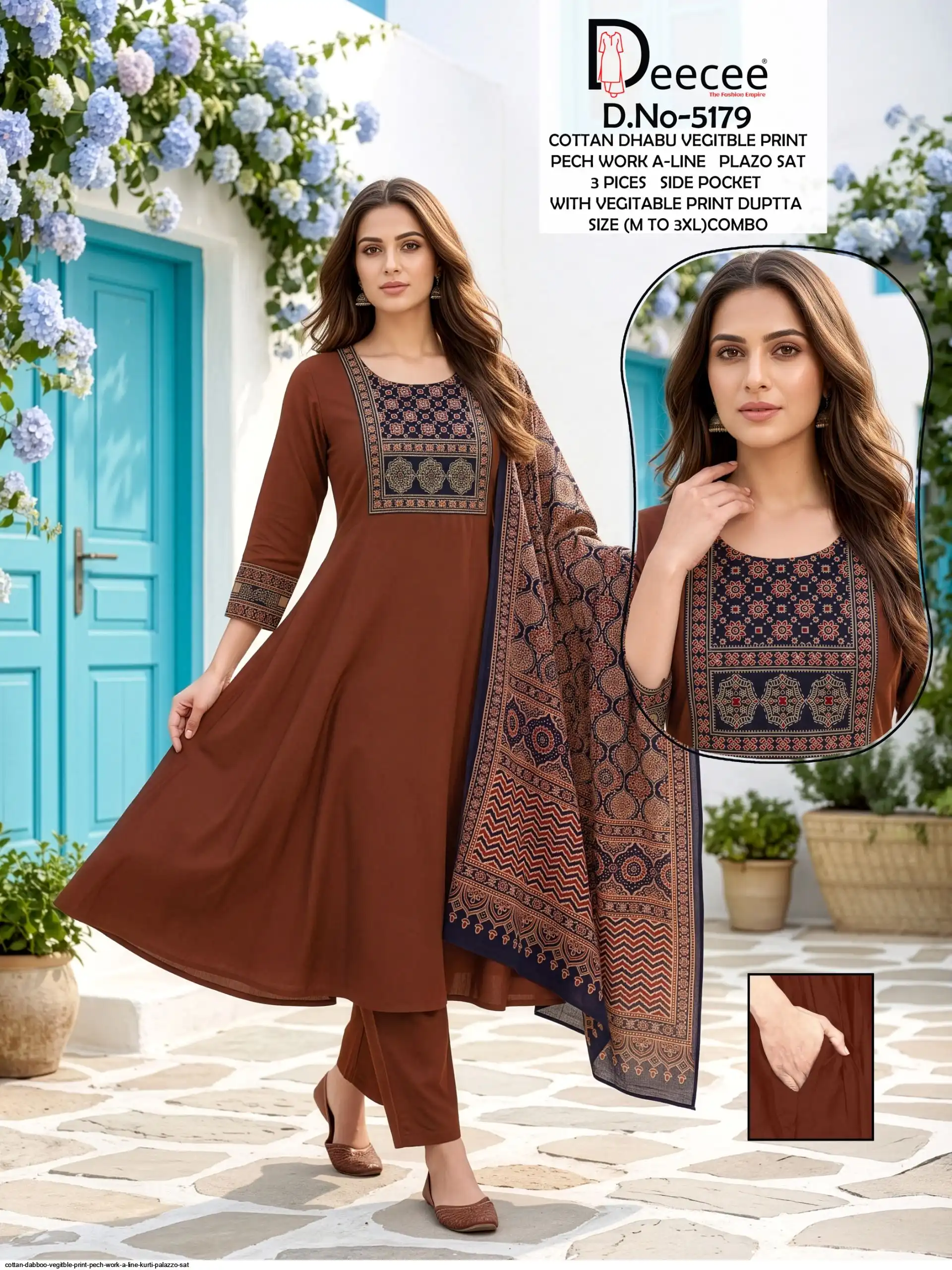 DEE CEE COTTON DABBOO VEGITBLE PRINT PECH WORK A LINE KURTI PALAZZO SAT 5179 F