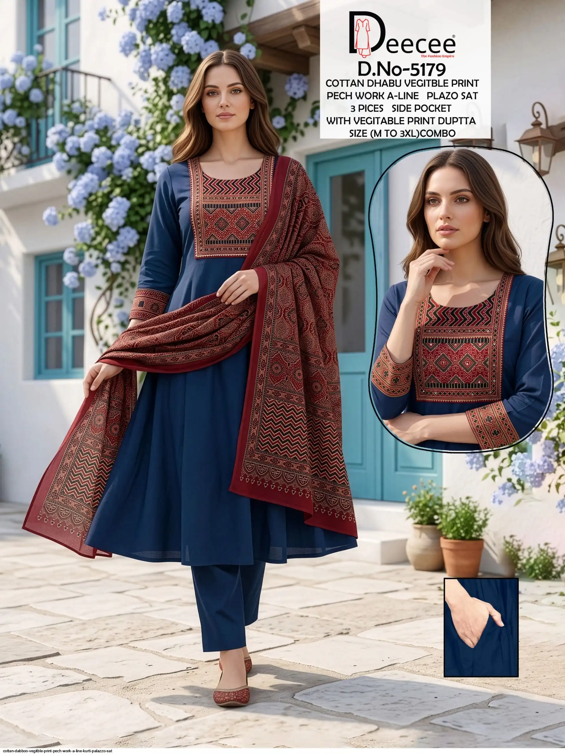 DEE CEE COTTON DABBOO VEGITBLE PRINT PECH WORK A LINE KURTI PALAZZO SAT 5179 C