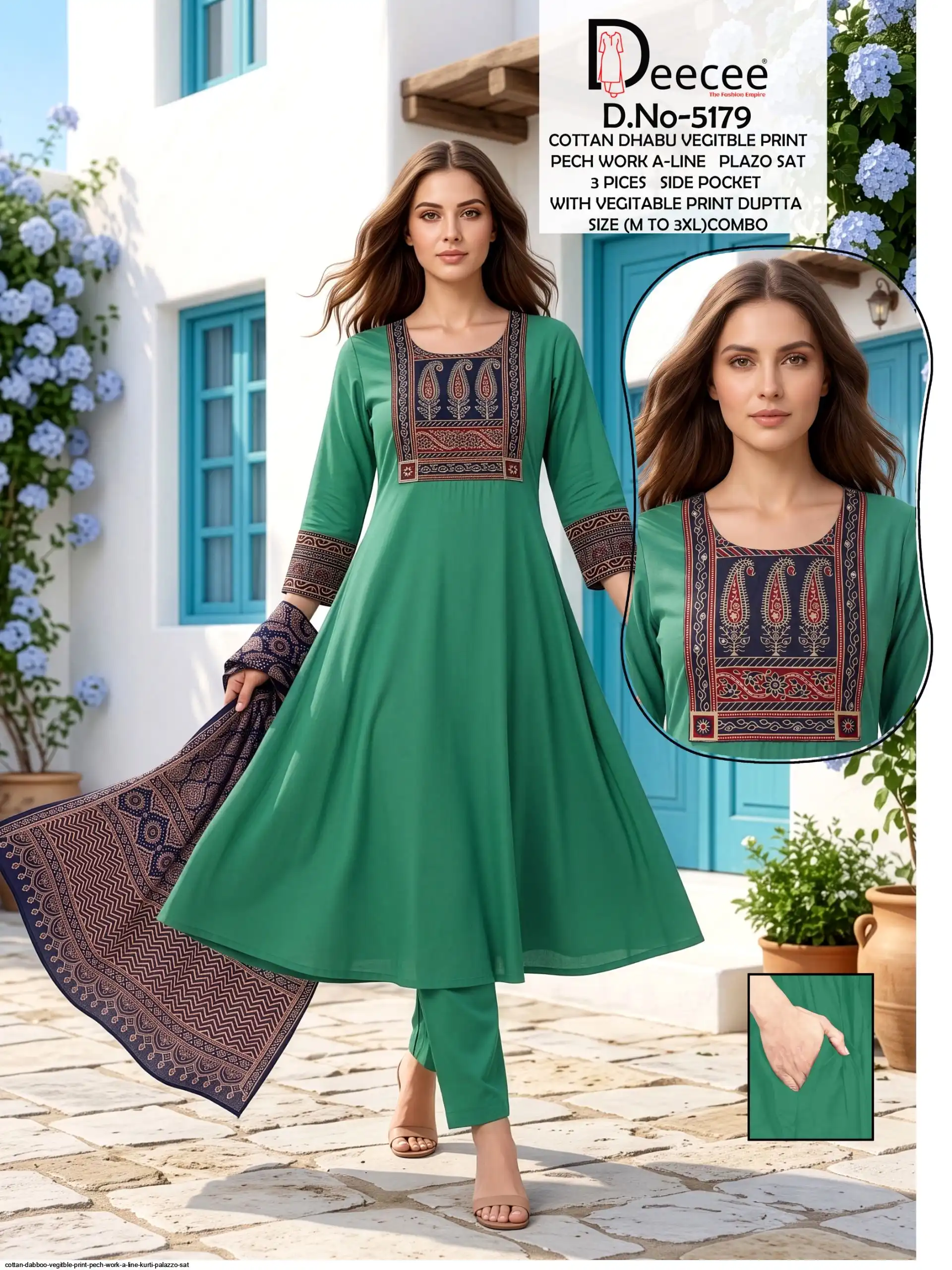 DEE CEE COTTON DABBOO VEGITBLE PRINT PECH WORK A LINE KURTI PALAZZO SAT 5179 D