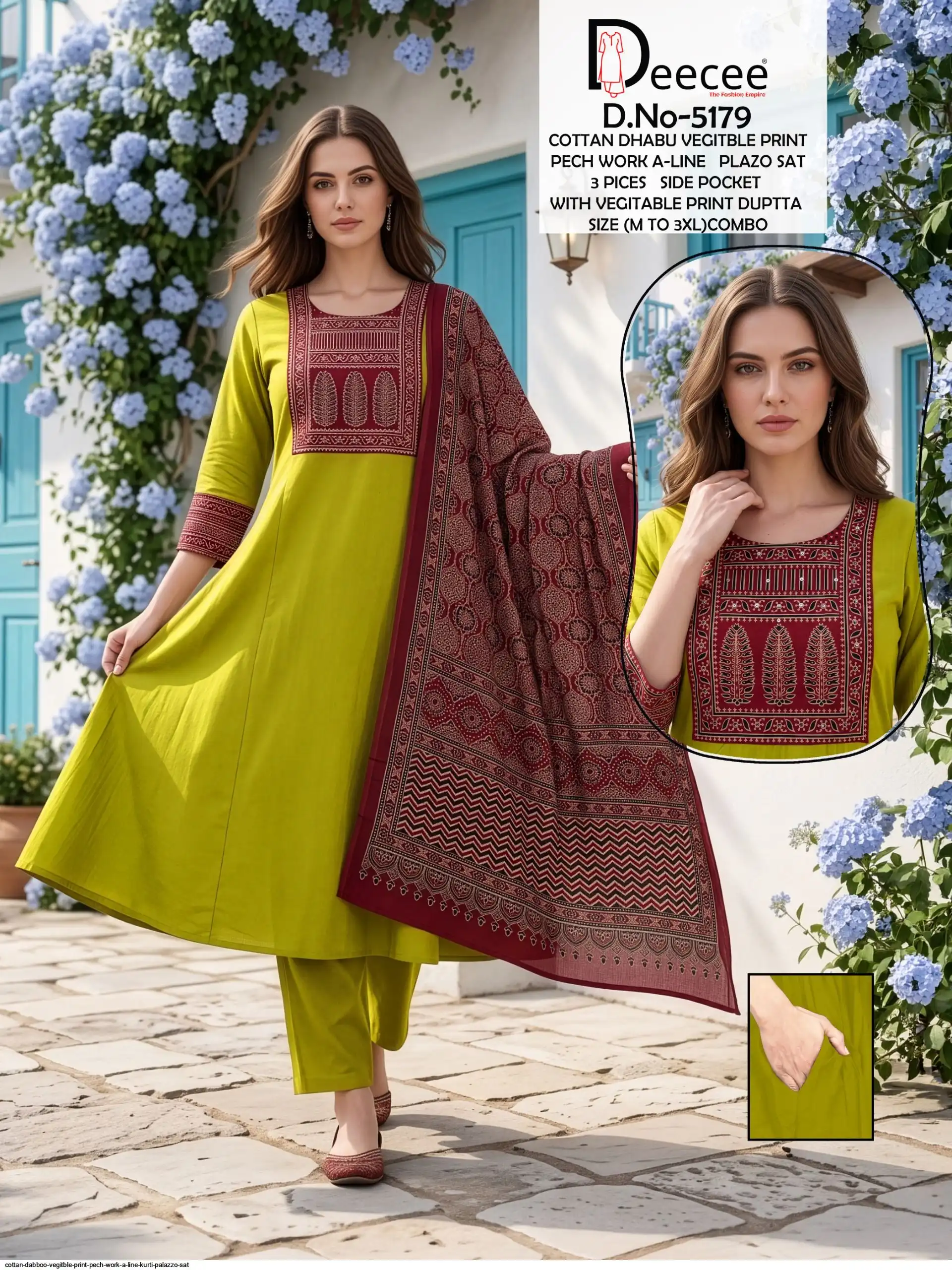 DEE CEE COTTON DABBOO VEGITBLE PRINT PECH WORK A LINE KURTI PALAZZO SAT 5179 E