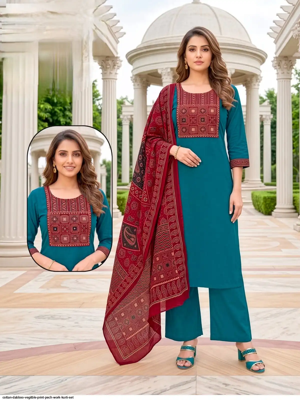 COTTON DABBOO VEGITBLE PRINT PECH WORK KURTI SET A