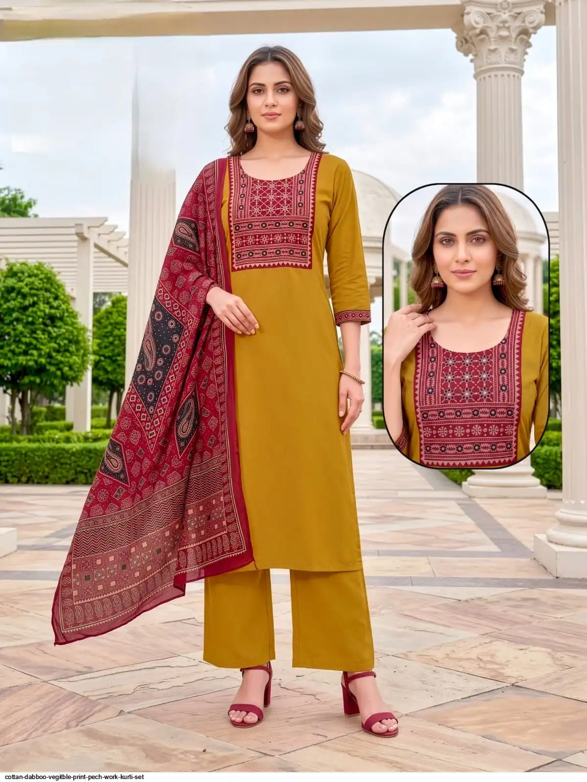 COTTON DABBOO VEGITBLE PRINT PECH WORK KURTI SET D