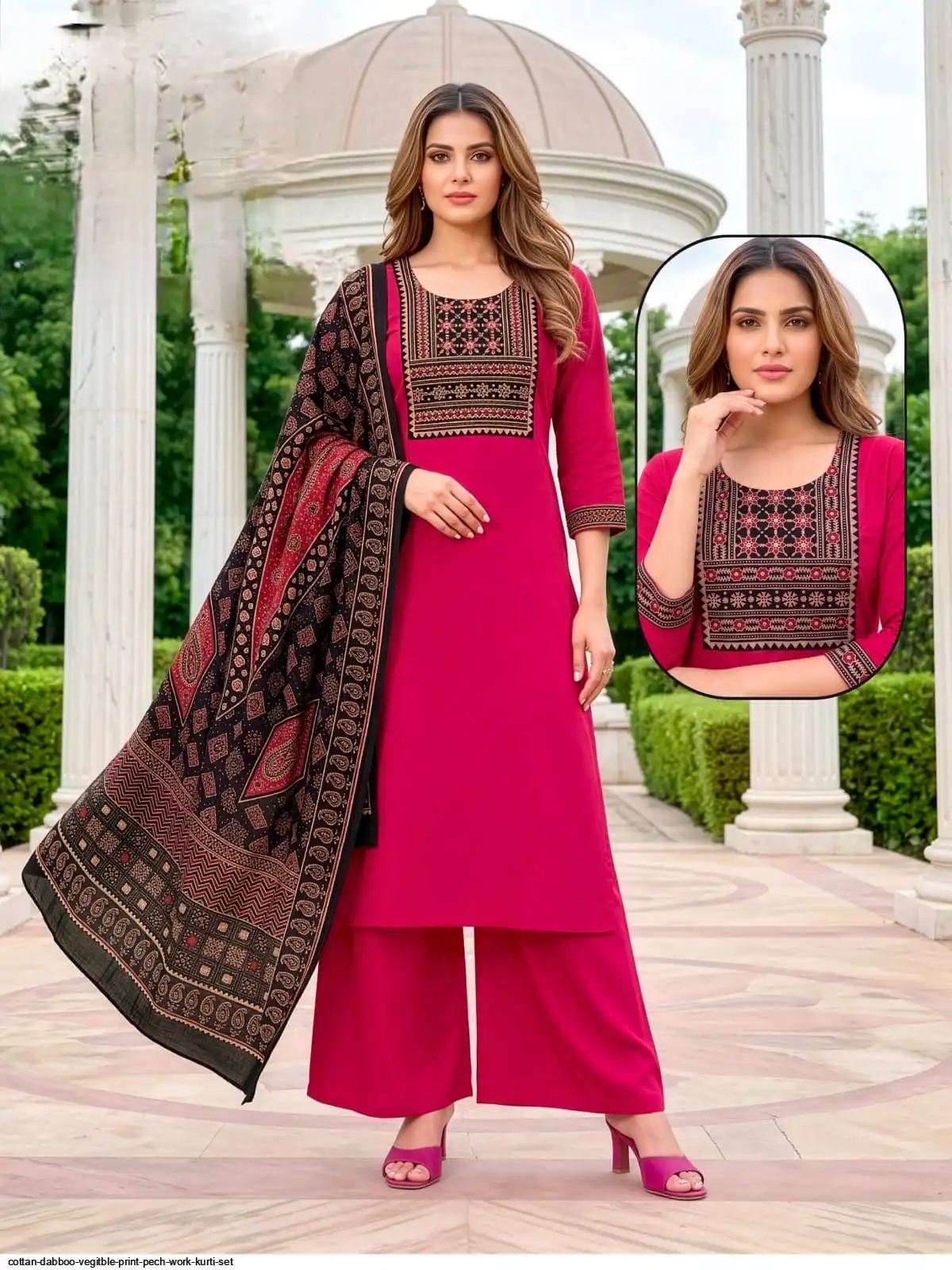 COTTON DABBOO VEGITBLE PRINT PECH WORK KURTI SET E