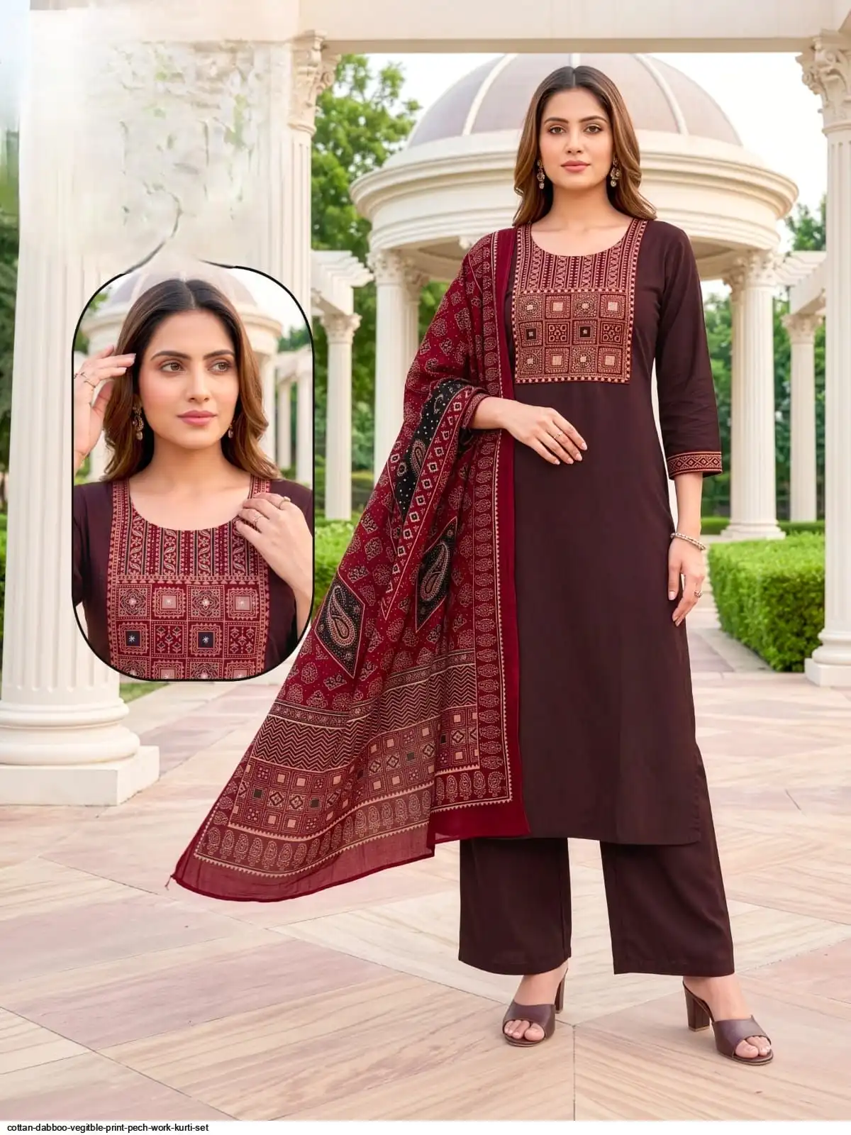 COTTON DABBOO VEGITBLE PRINT PECH WORK KURTI SET F