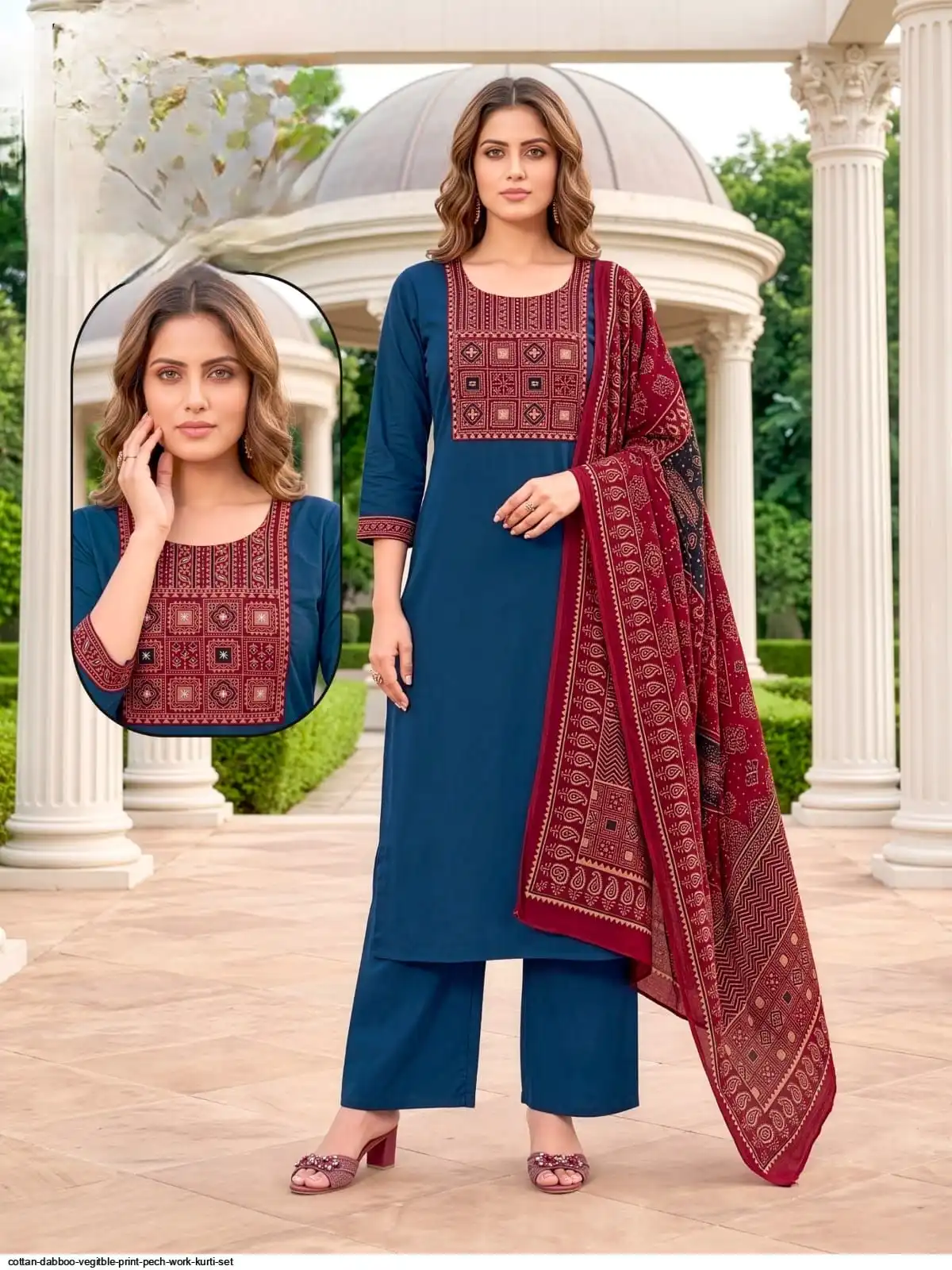 COTTON DABBOO VEGITBLE PRINT PECH WORK KURTI SET G
