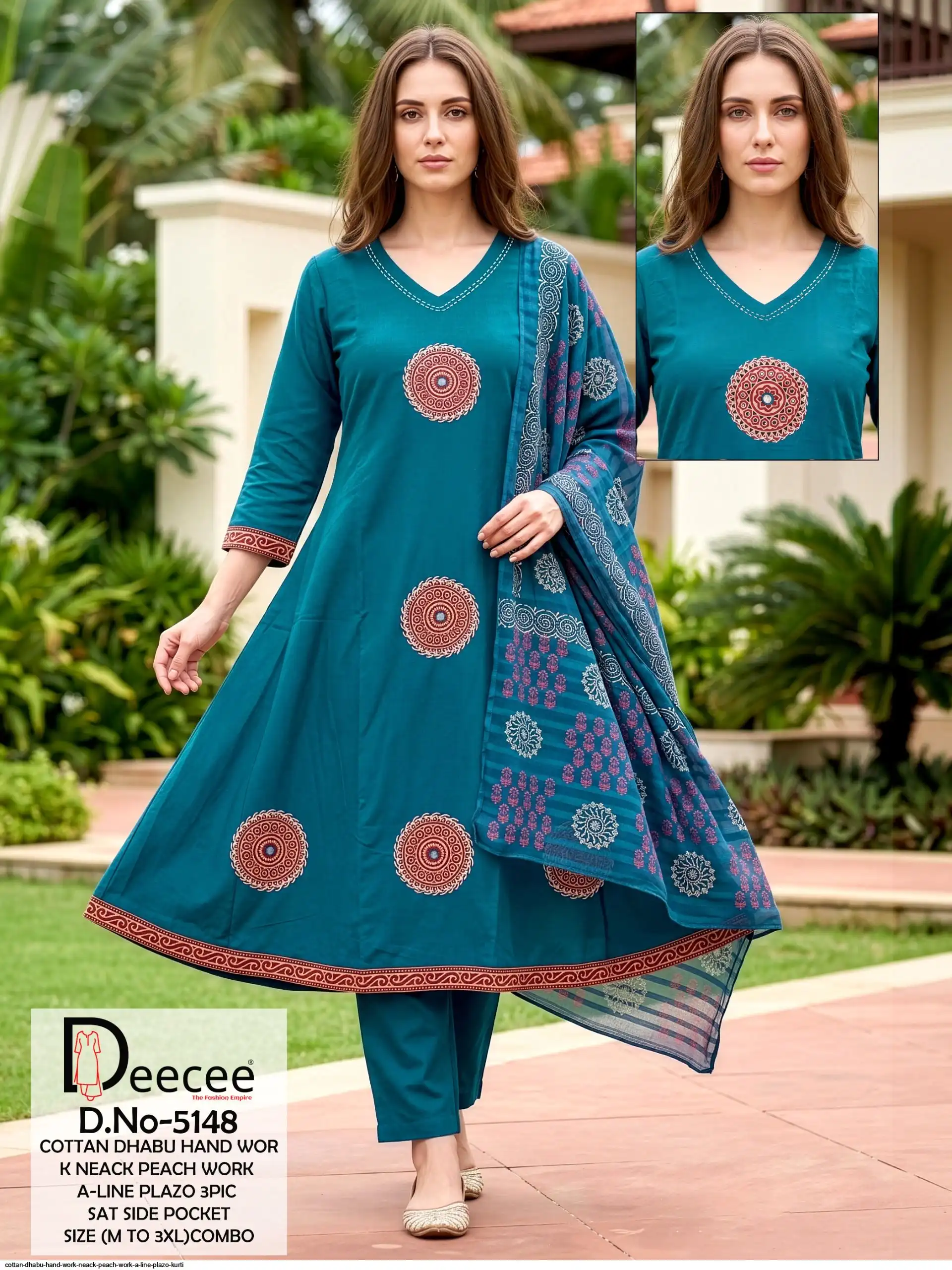 COTTAN DHABU HAND WORK NEACK PEACH WORK A LINE PLAZO KURTI 2
