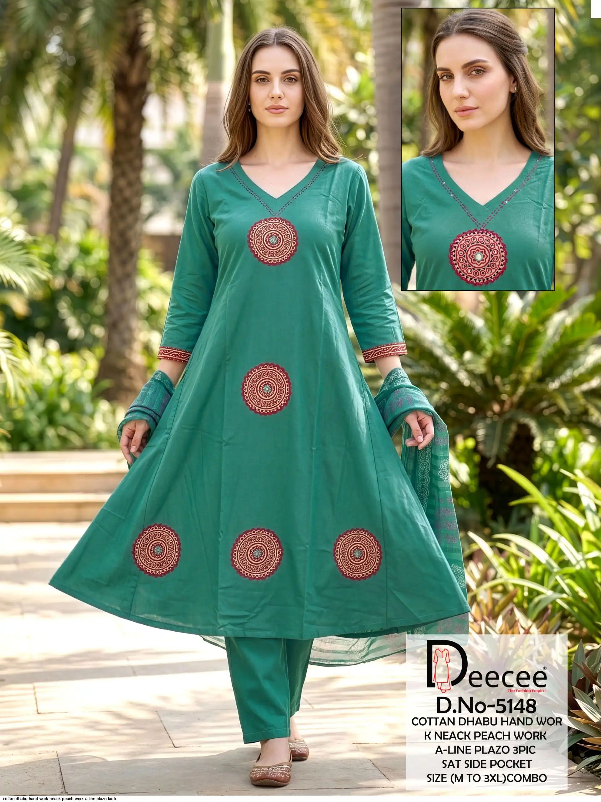 COTTAN DHABU HAND WORK NEACK PEACH WORK A LINE PLAZO KURTI 3