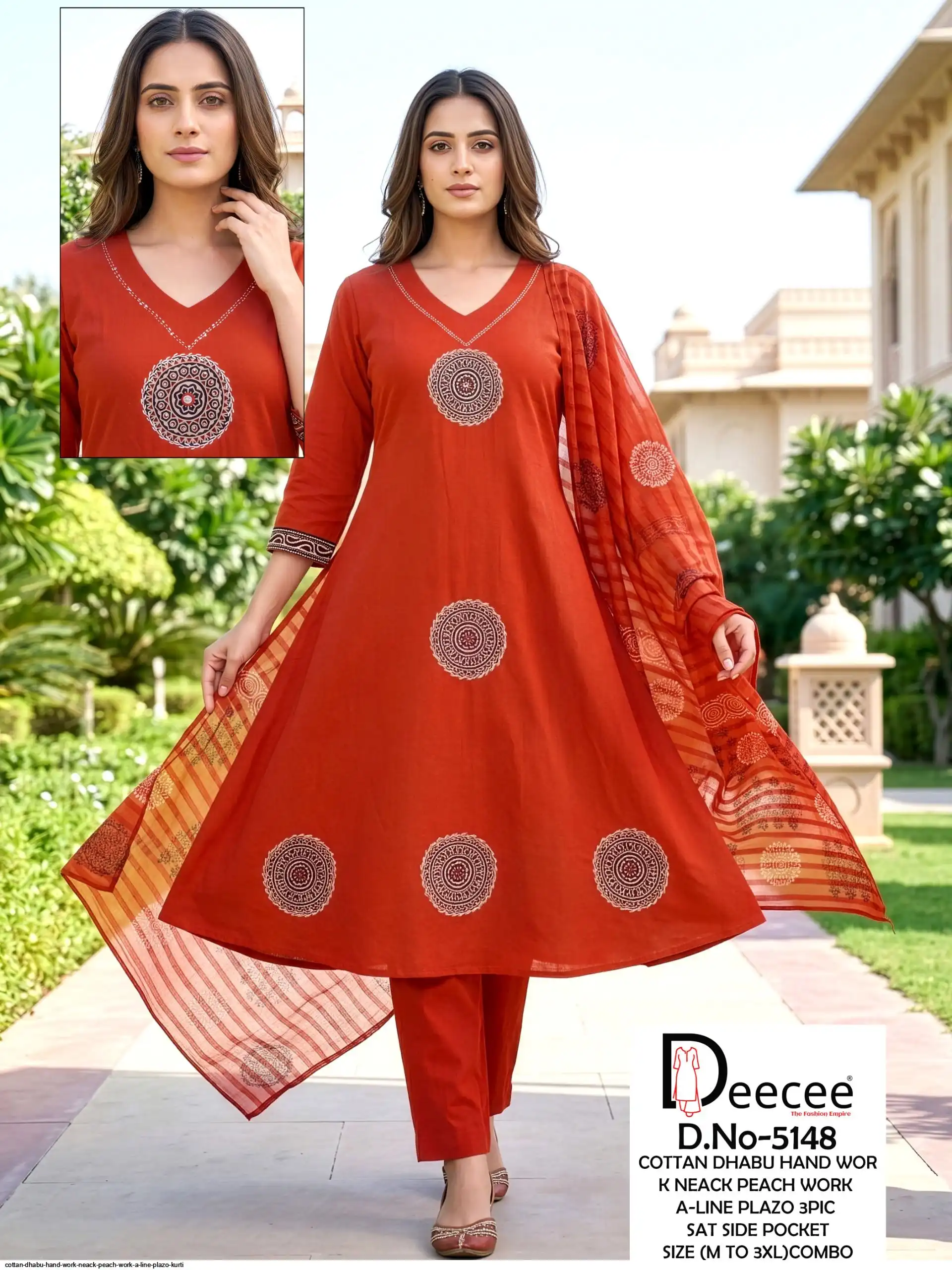 COTTAN DHABU HAND WORK NEACK PEACH WORK A LINE PLAZO KURTI 4