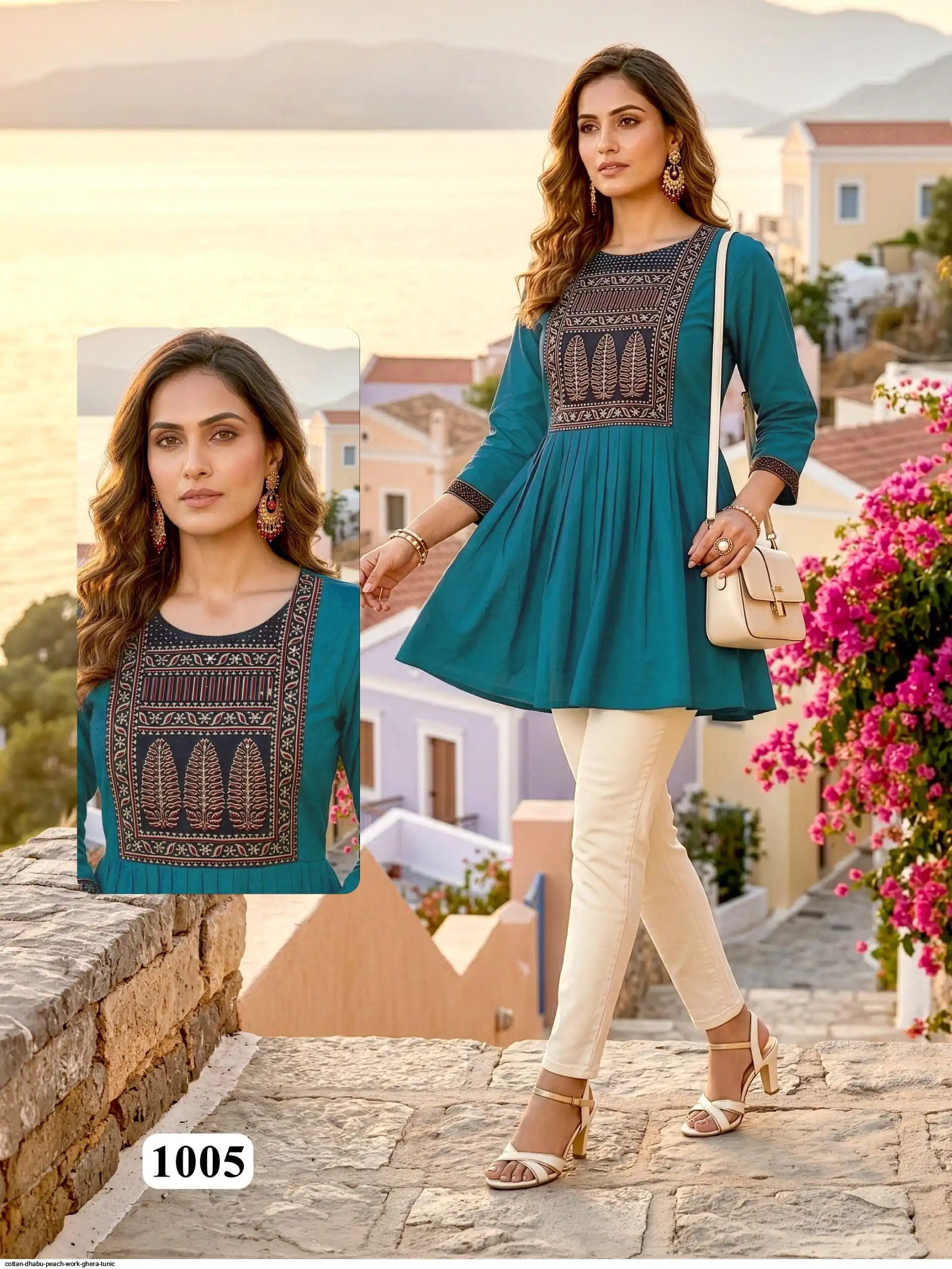 COTTAN DHABU PEACH WORK GHERA TUNIC D