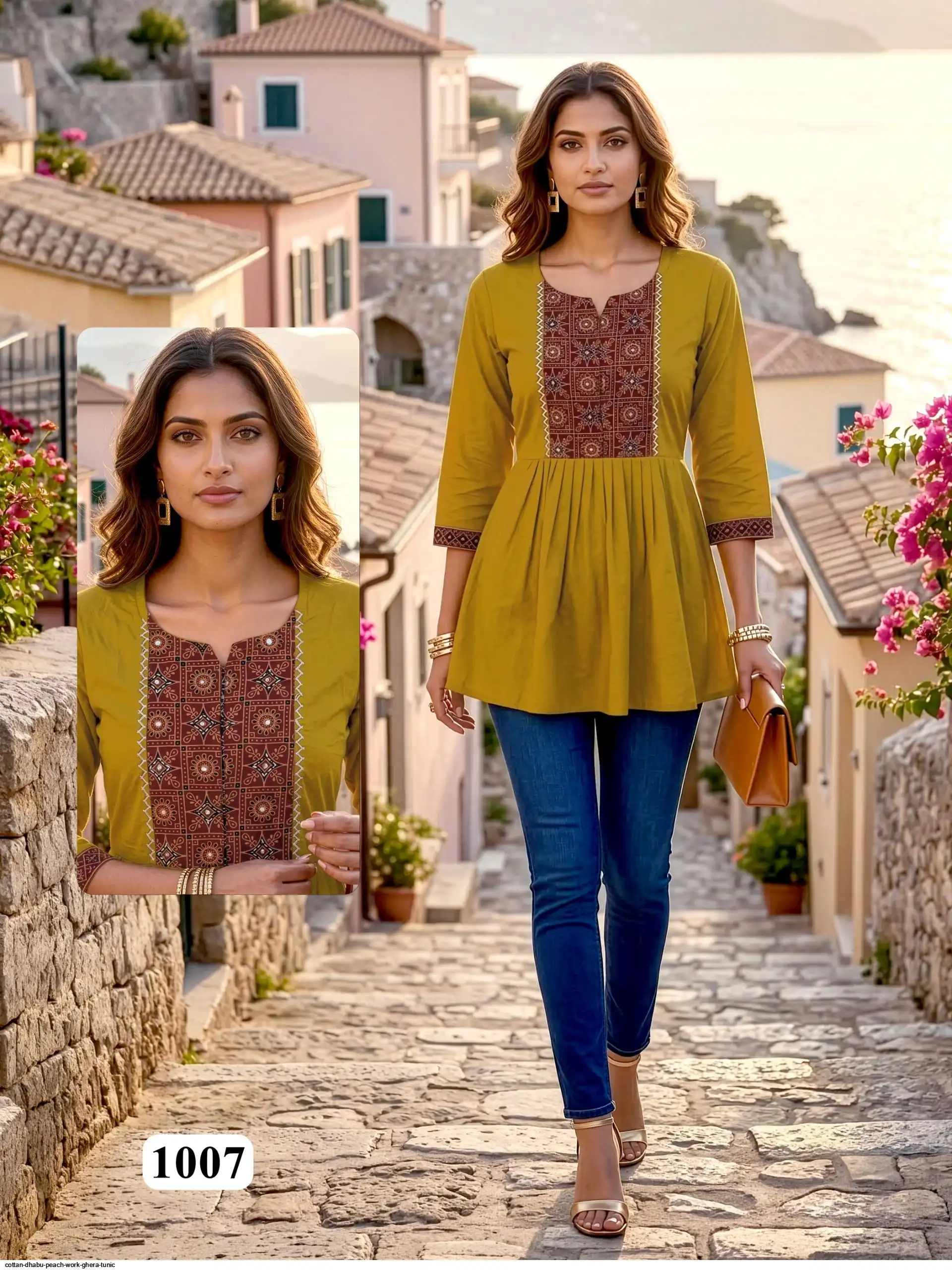 COTTAN DHABU PEACH WORK GHERA TUNIC F