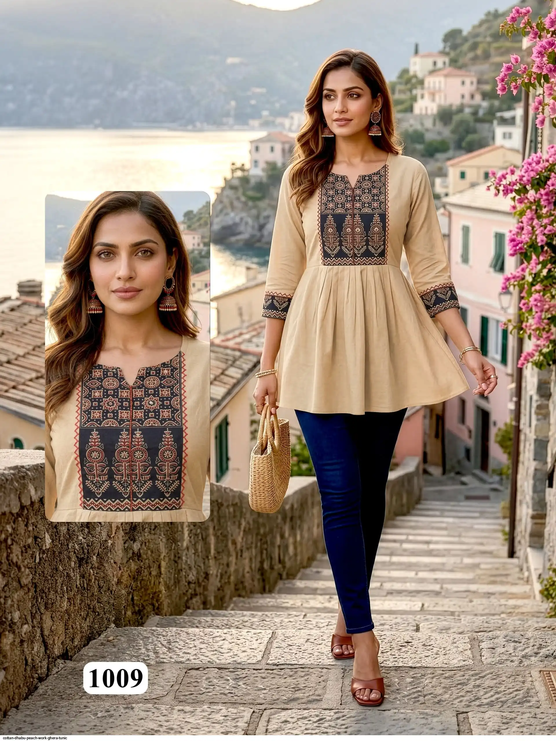 COTTAN DHABU PEACH WORK GHERA TUNIC H