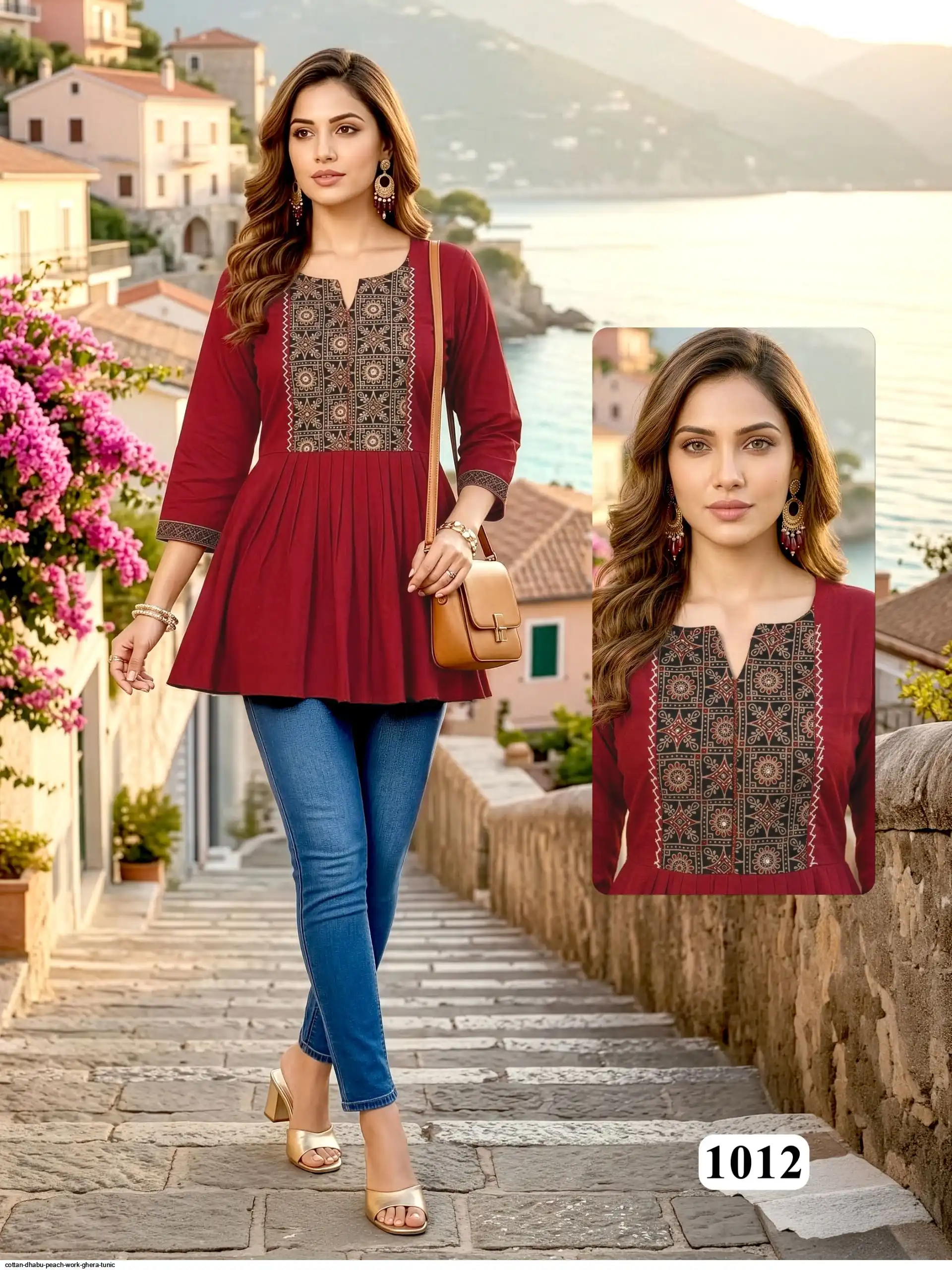 COTTAN DHABU PEACH WORK GHERA TUNIC K